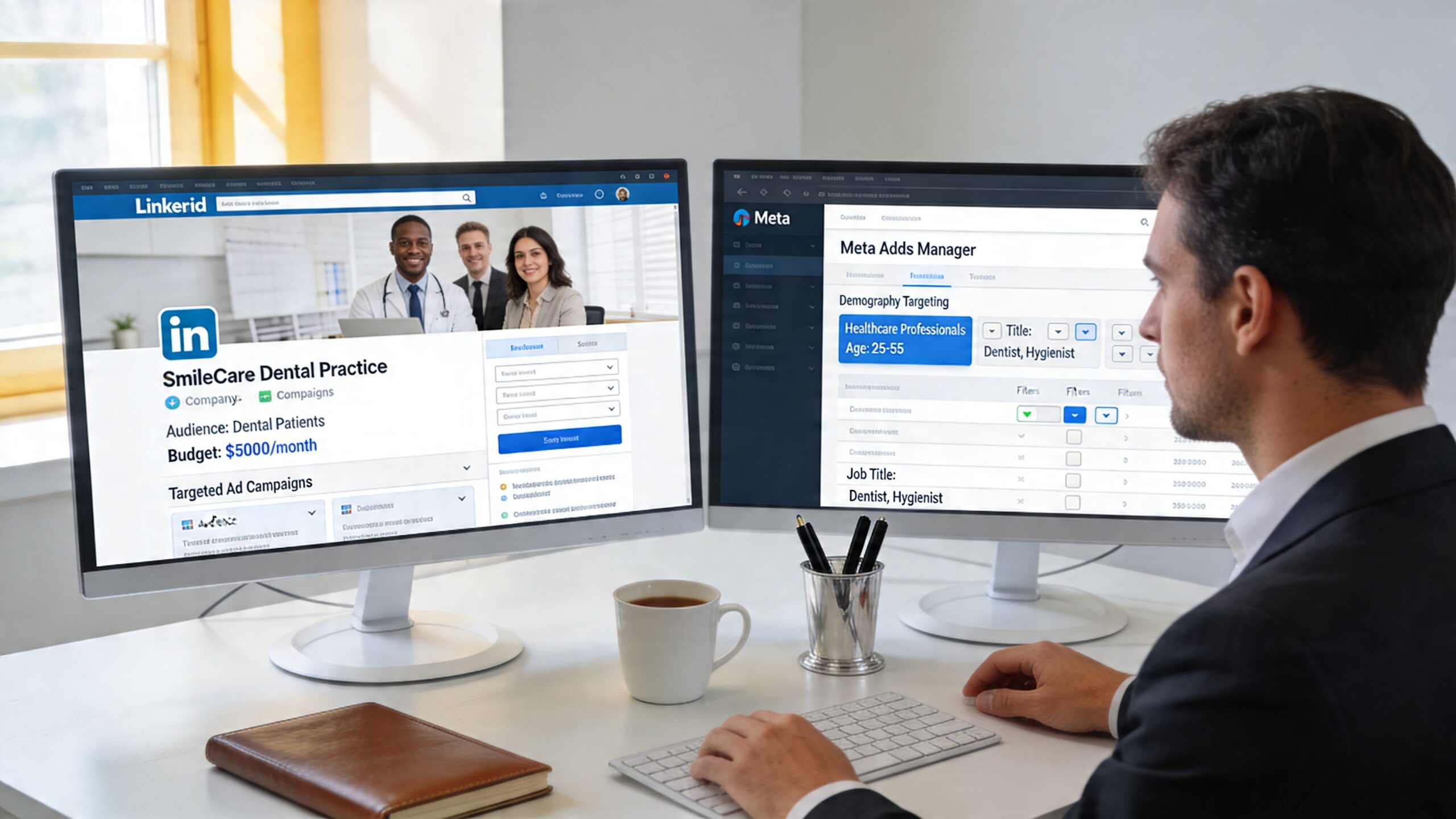 A professional working on two computer monitors displaying dental marketing campaign settings and audience targeting dashboard.