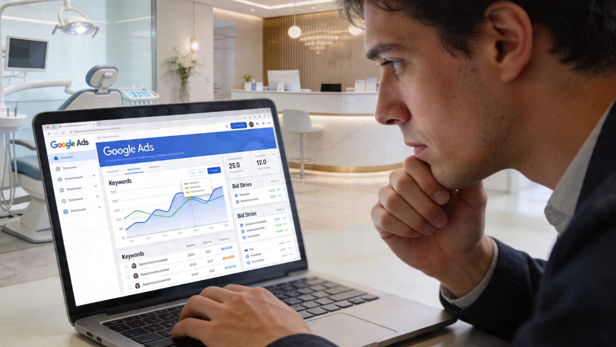 A professional man reviewing Google Ads campaign data on a laptop inside a modern dental office setting.