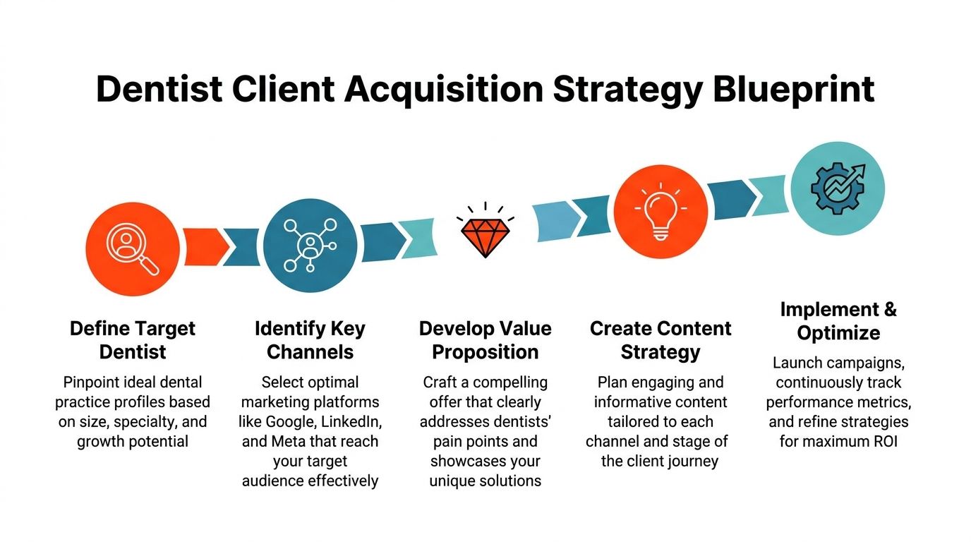 A five-step flowchart illustrating a strategic blueprint for acquiring dental clients through effective marketing and optimization.
