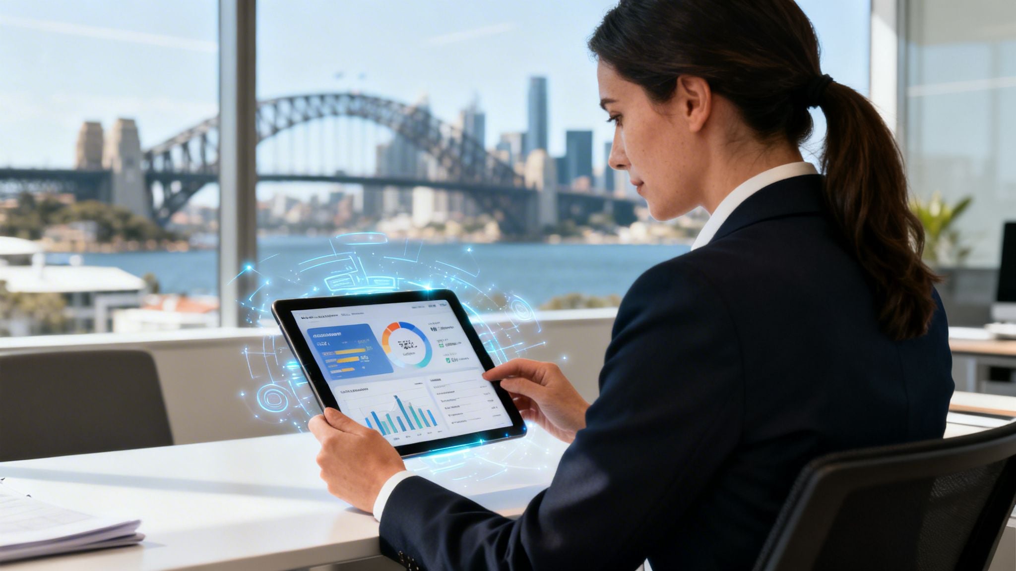 A businesswoman in an office overlooking the Sydney Harbour Bridge using a tablet with digital data graphics.