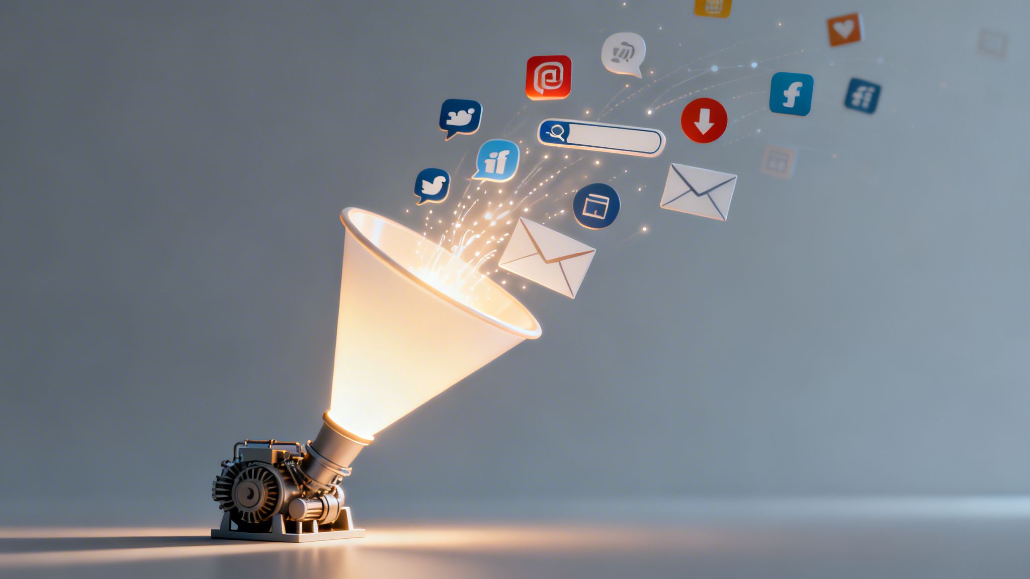 A mechanical funnel emitting glowing digital marketing and social media icons against a light background.