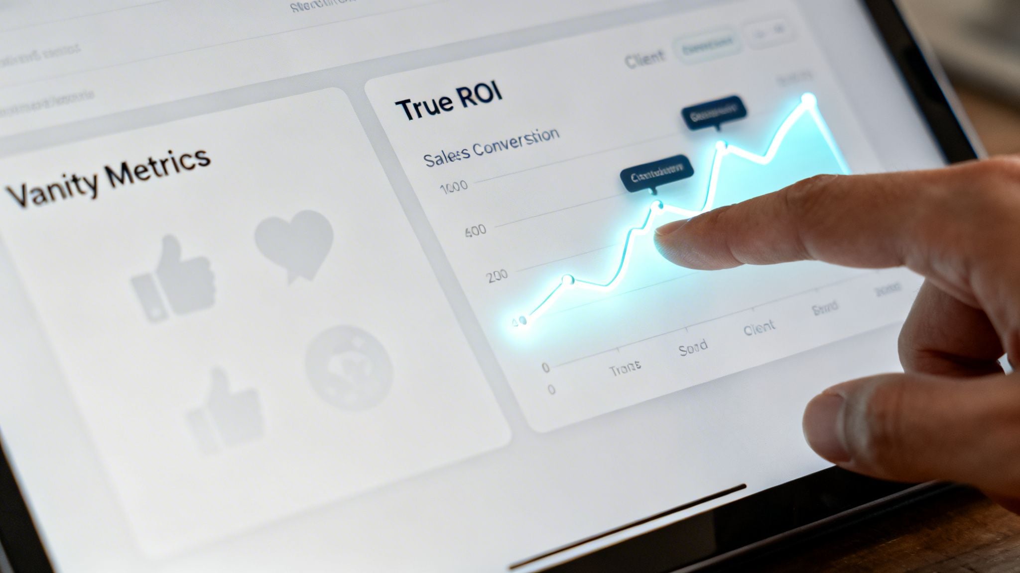 A close-up view of a person using a tablet to analyze digital business metrics and performance graphs.
