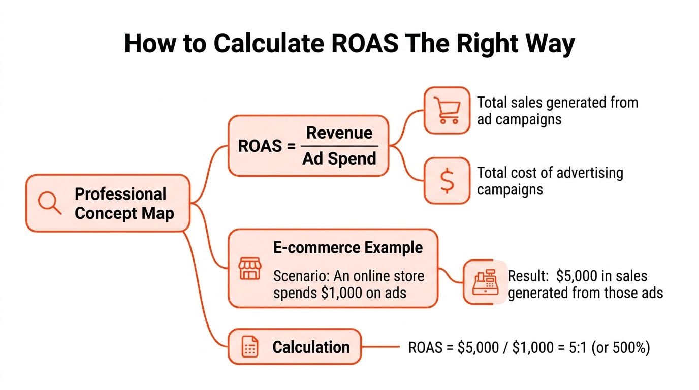A professional concept map illustration explaining the formula for calculating ROAS for e-commerce marketing campaigns.