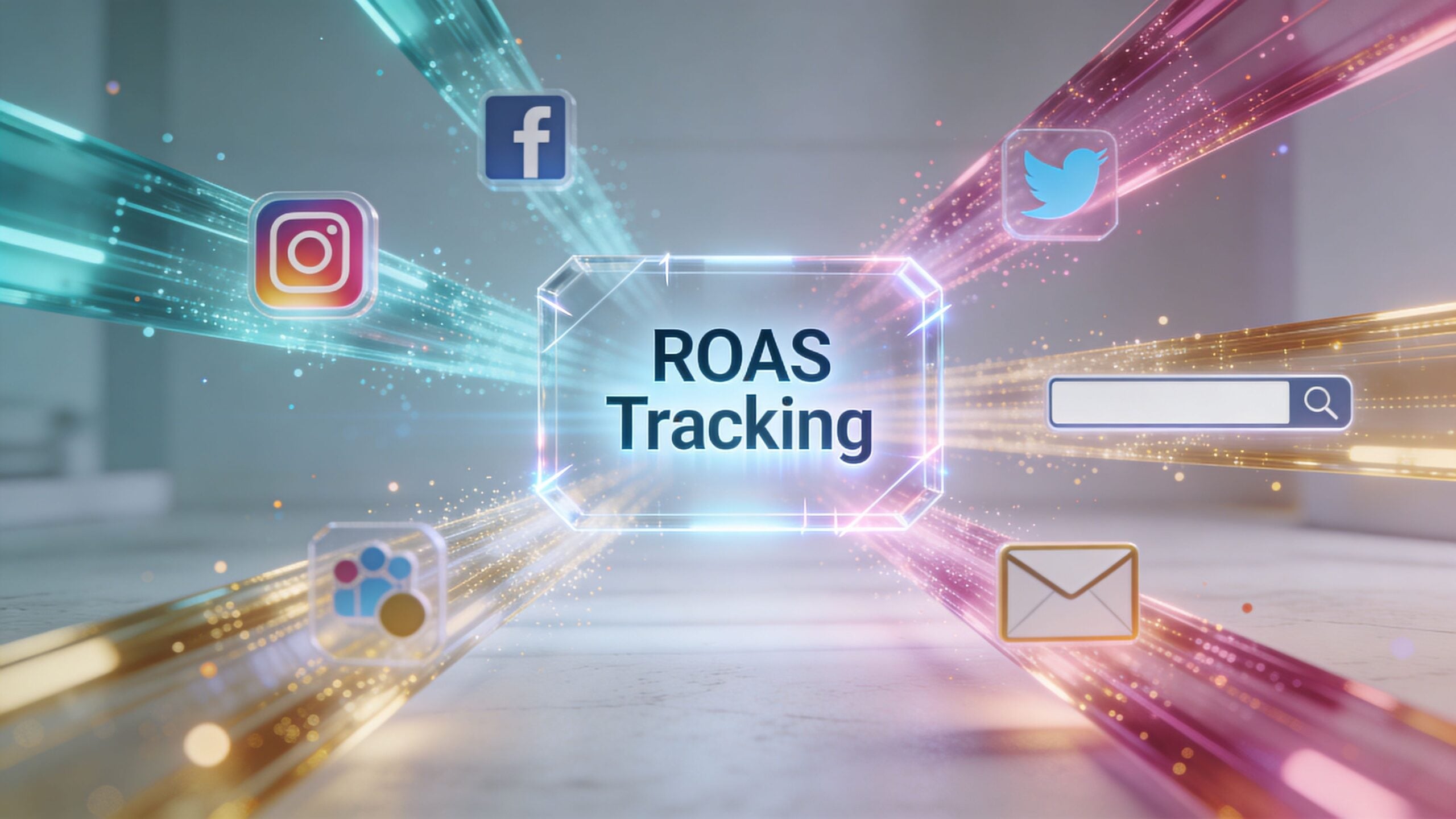A 3D graphic showing glowing light beams connecting social media icons to a central ROAS Tracking label.