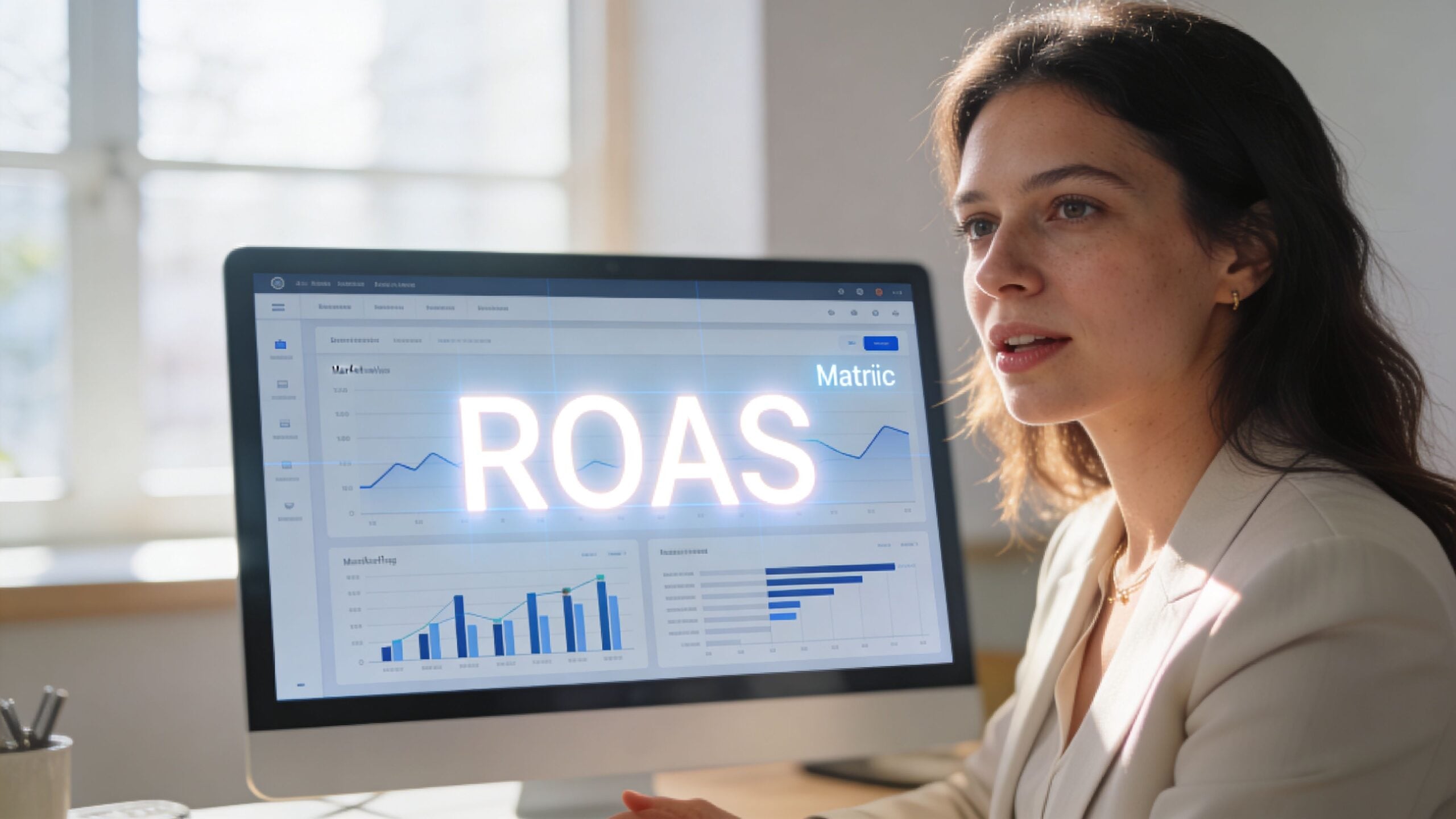 A professional woman looking at a monitor displaying ROAS marketing performance metrics and data visualizations.