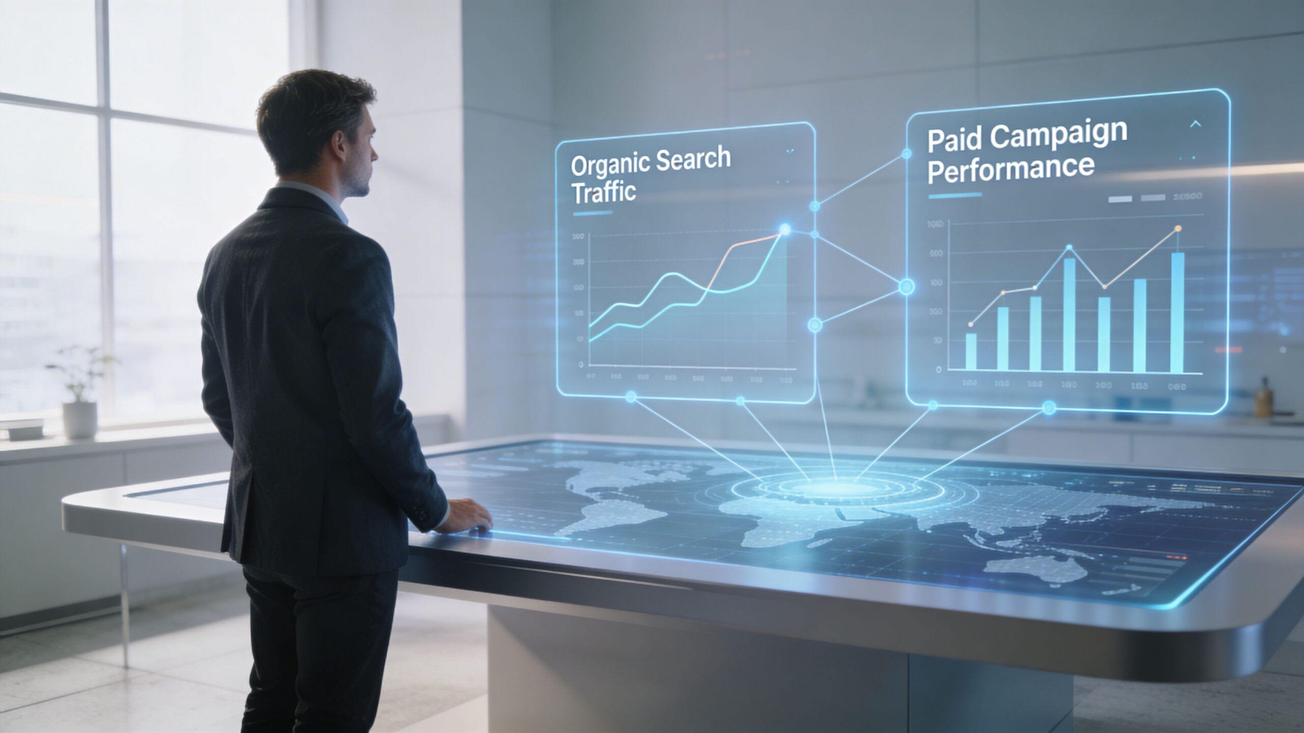 A businessman looking at a holographic screen displaying data analytics for organic search and paid campaigns.