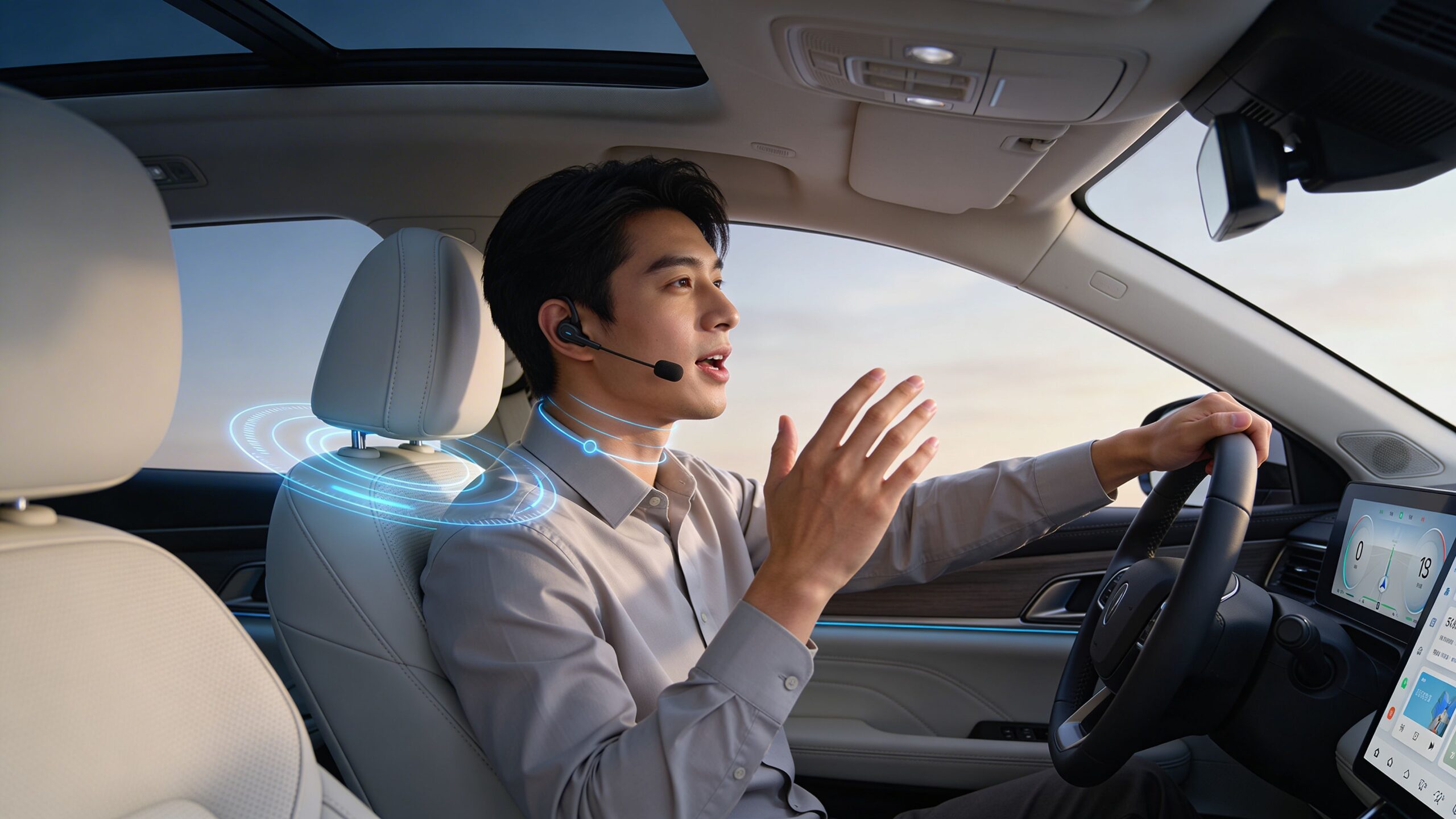 A man wearing a headset drives a car, interacting with an advanced voice search system in the vehicle.