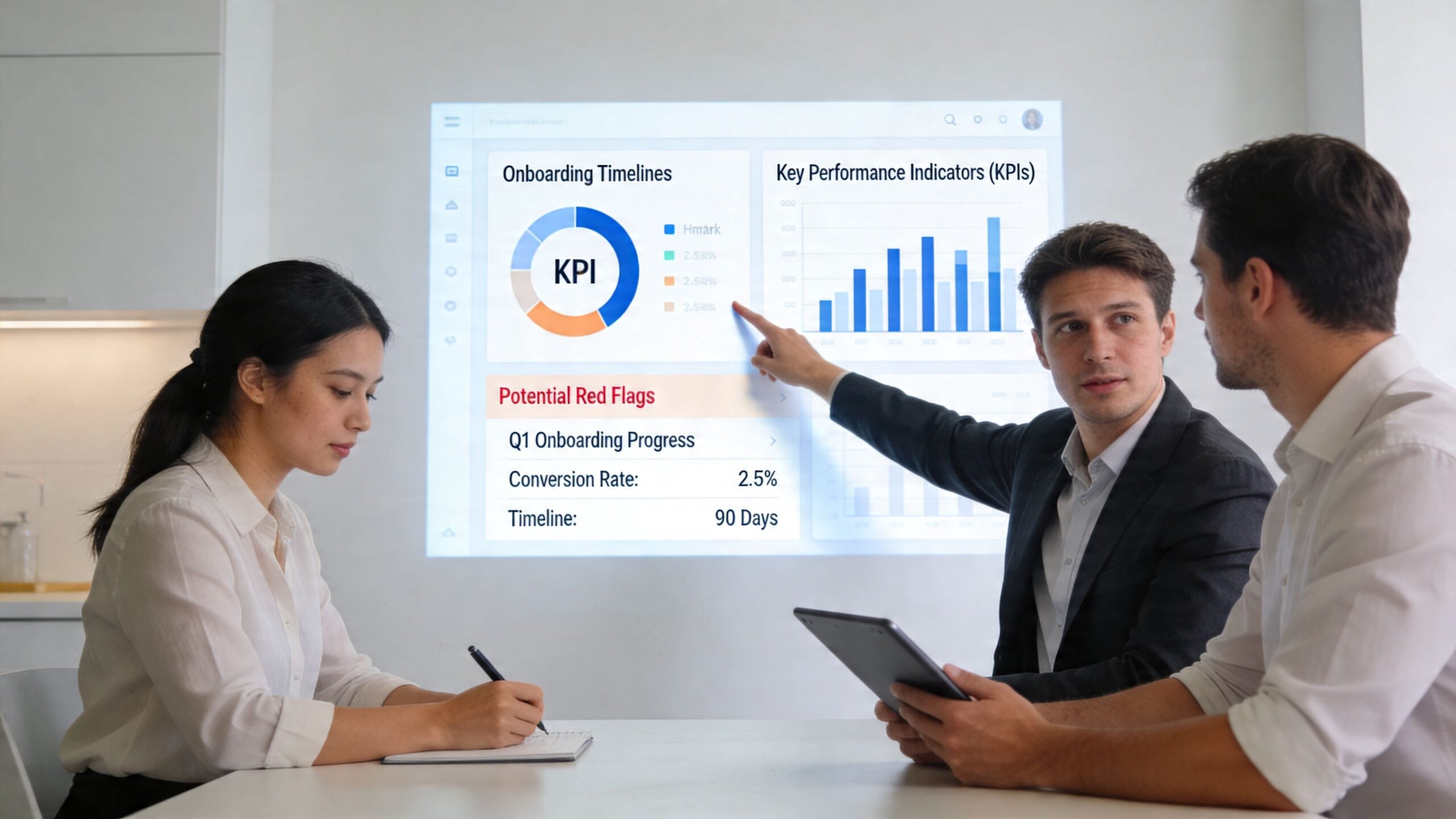 A professional team discussing business performance metrics during a presentation at an office meeting.