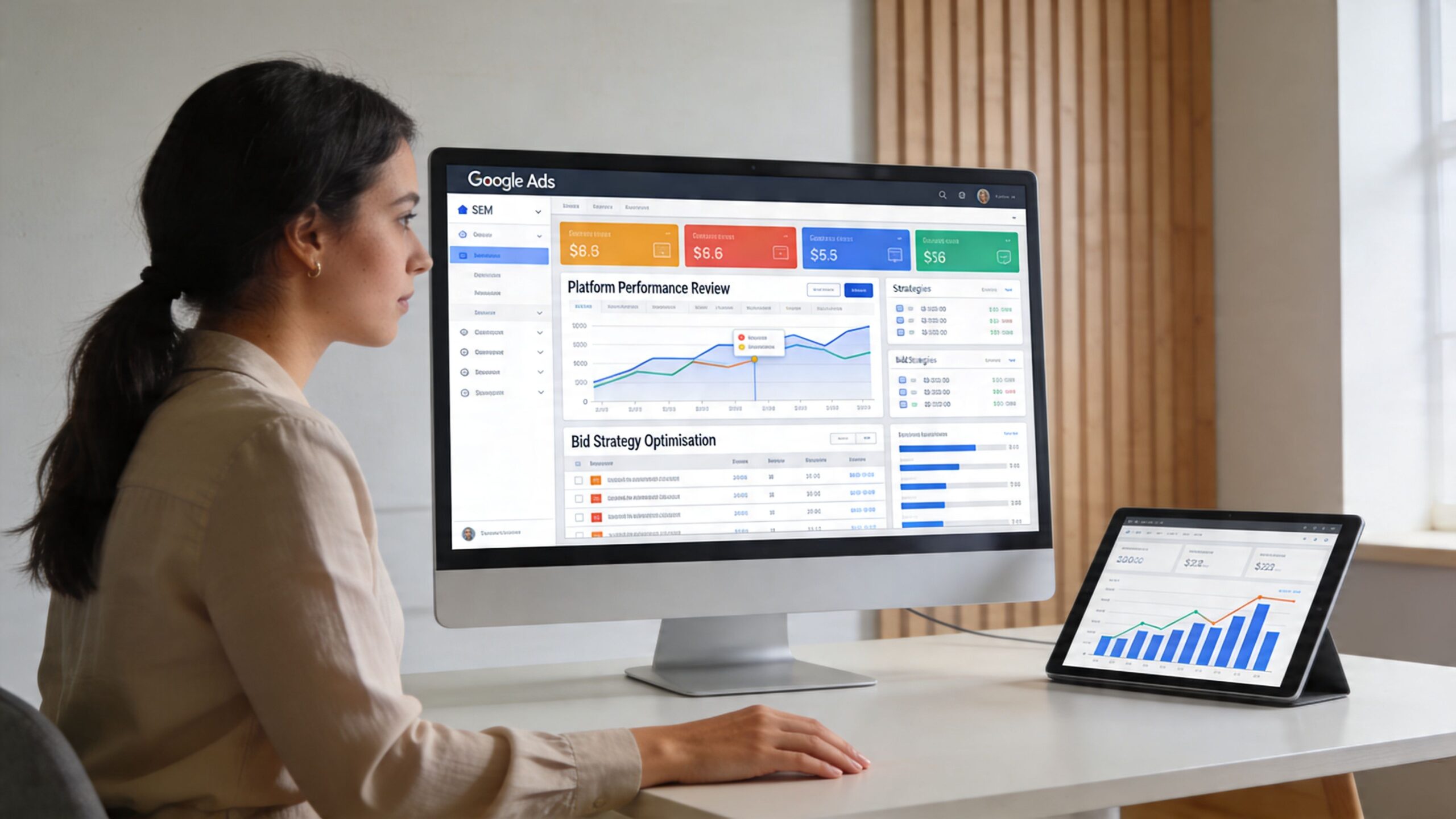 A professional woman working on Google Ads performance review dashboard on a large desktop monitor and tablet.