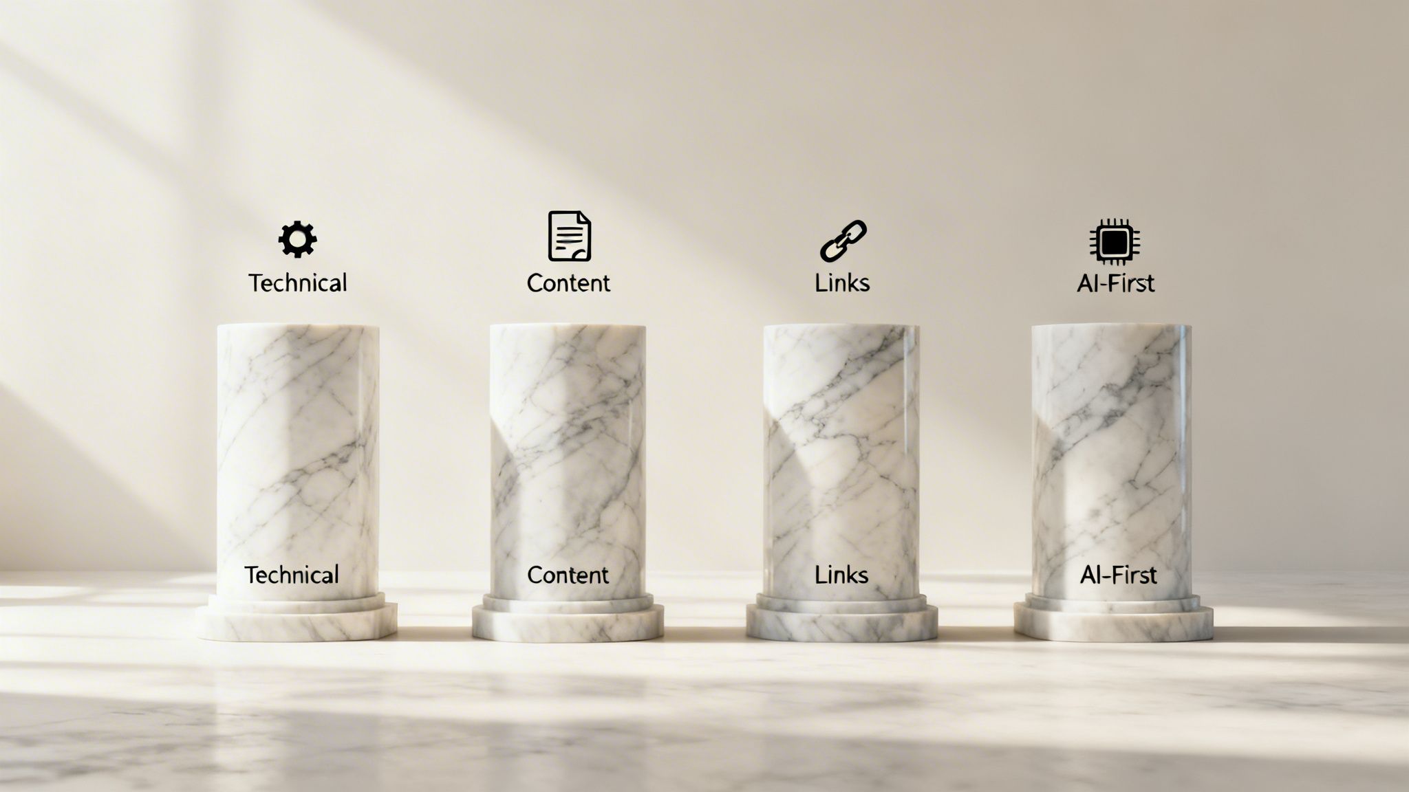 Four white marble pillars symbolize core SEO strategies: Technical, Content, Links, and AI-First, with icons.