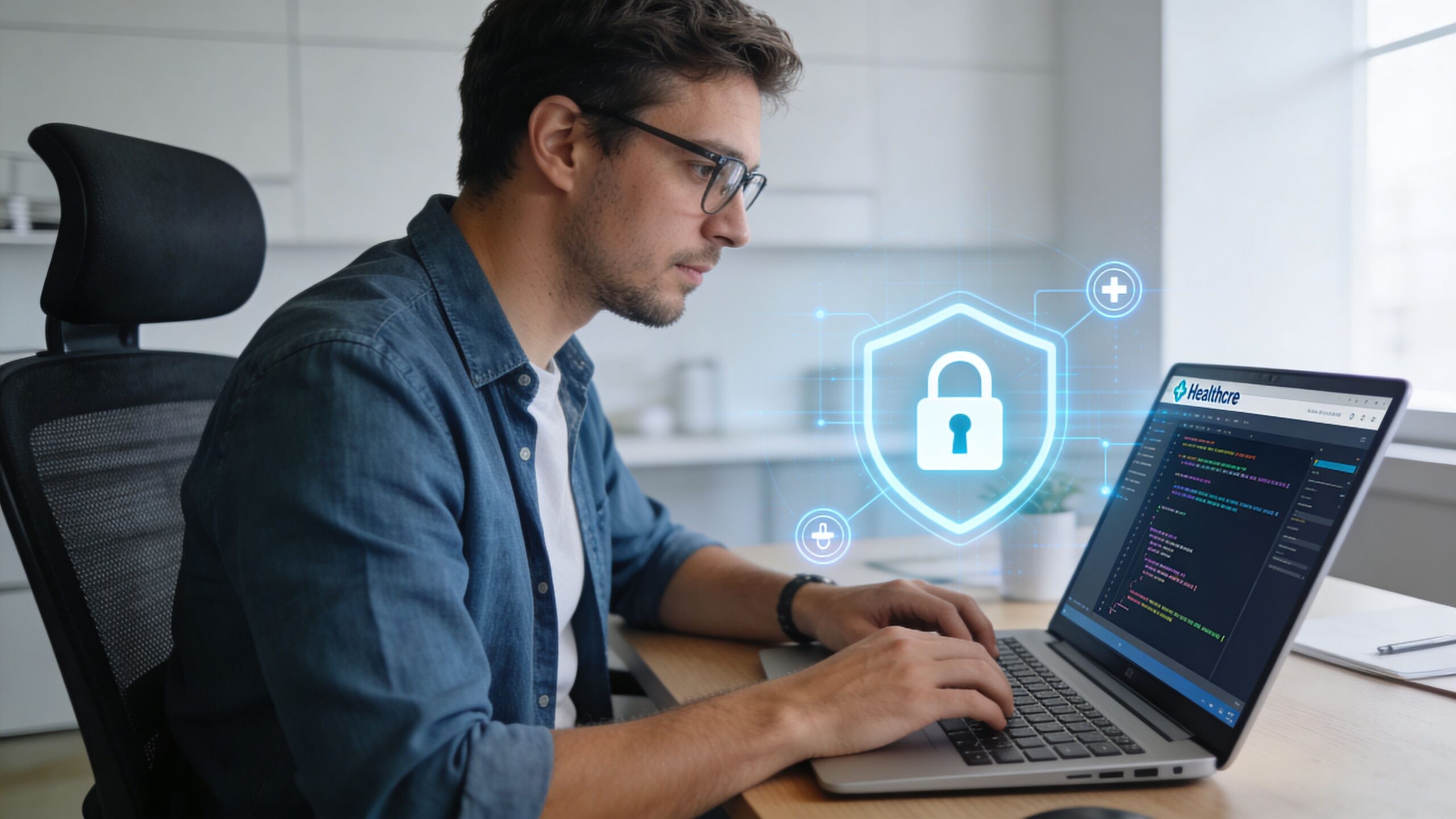A professional software developer working on cybersecurity code for a healthcare platform on his laptop.