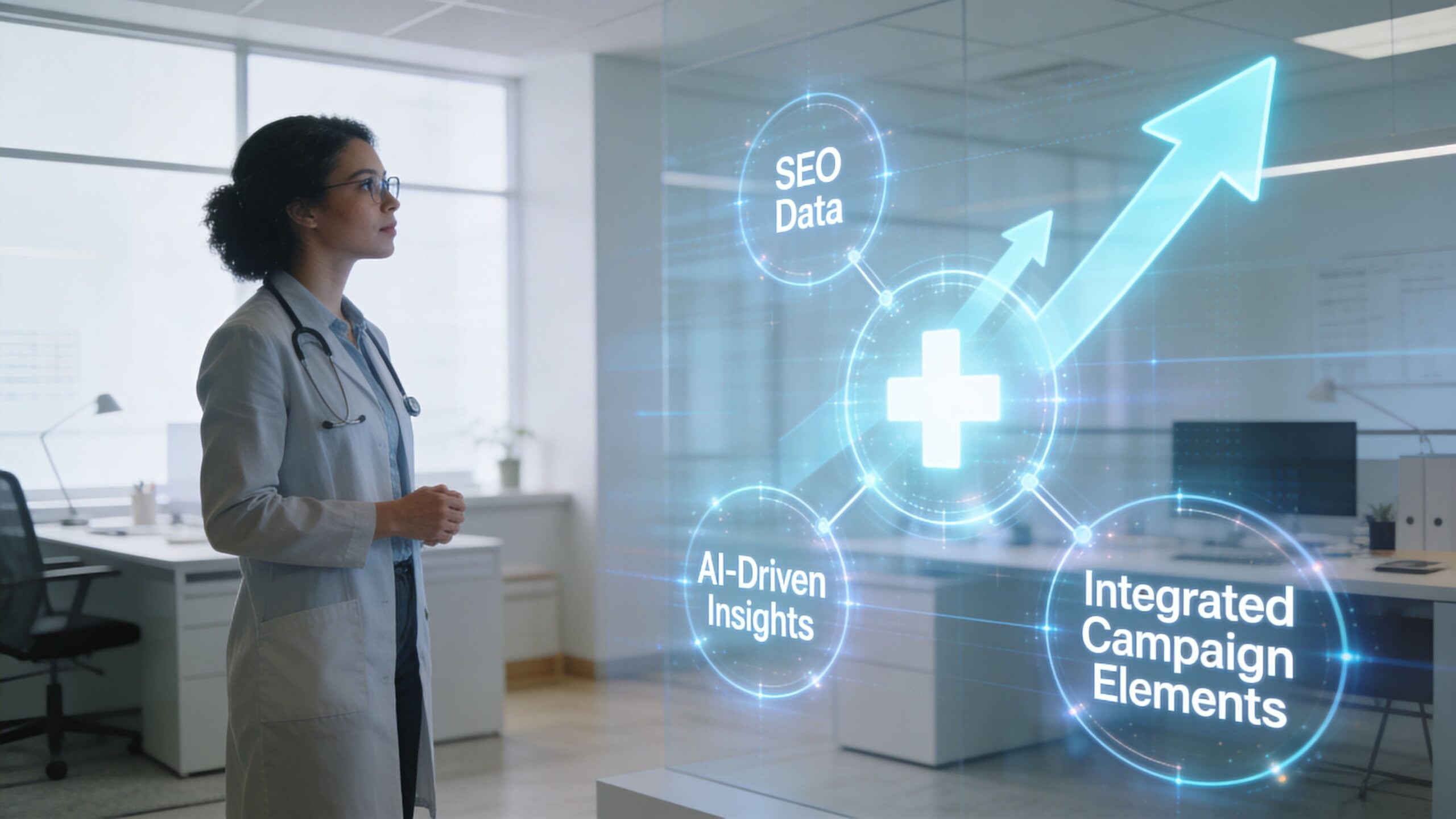A female doctor looks at a digital holographic display showcasing healthcare marketing analytics and growth strategies.