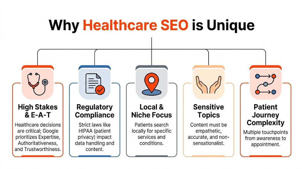 A flowchart explaining five key reasons why healthcare SEO is unique compared to other industries.