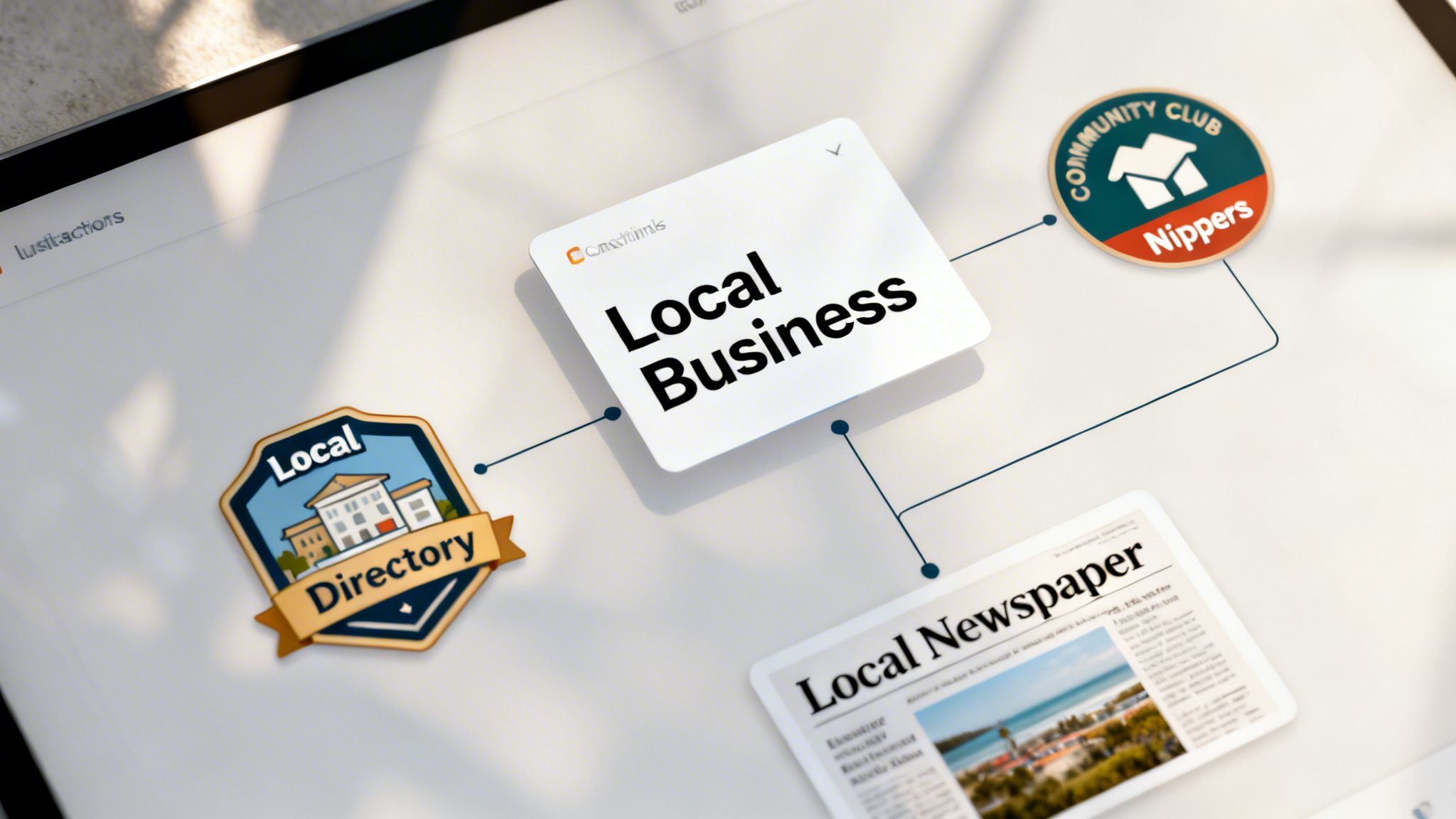 A digital diagram showing 'Local Business' connected to 'Local Directory', 'Community Club Nippers', and 'Local Newspaper'.