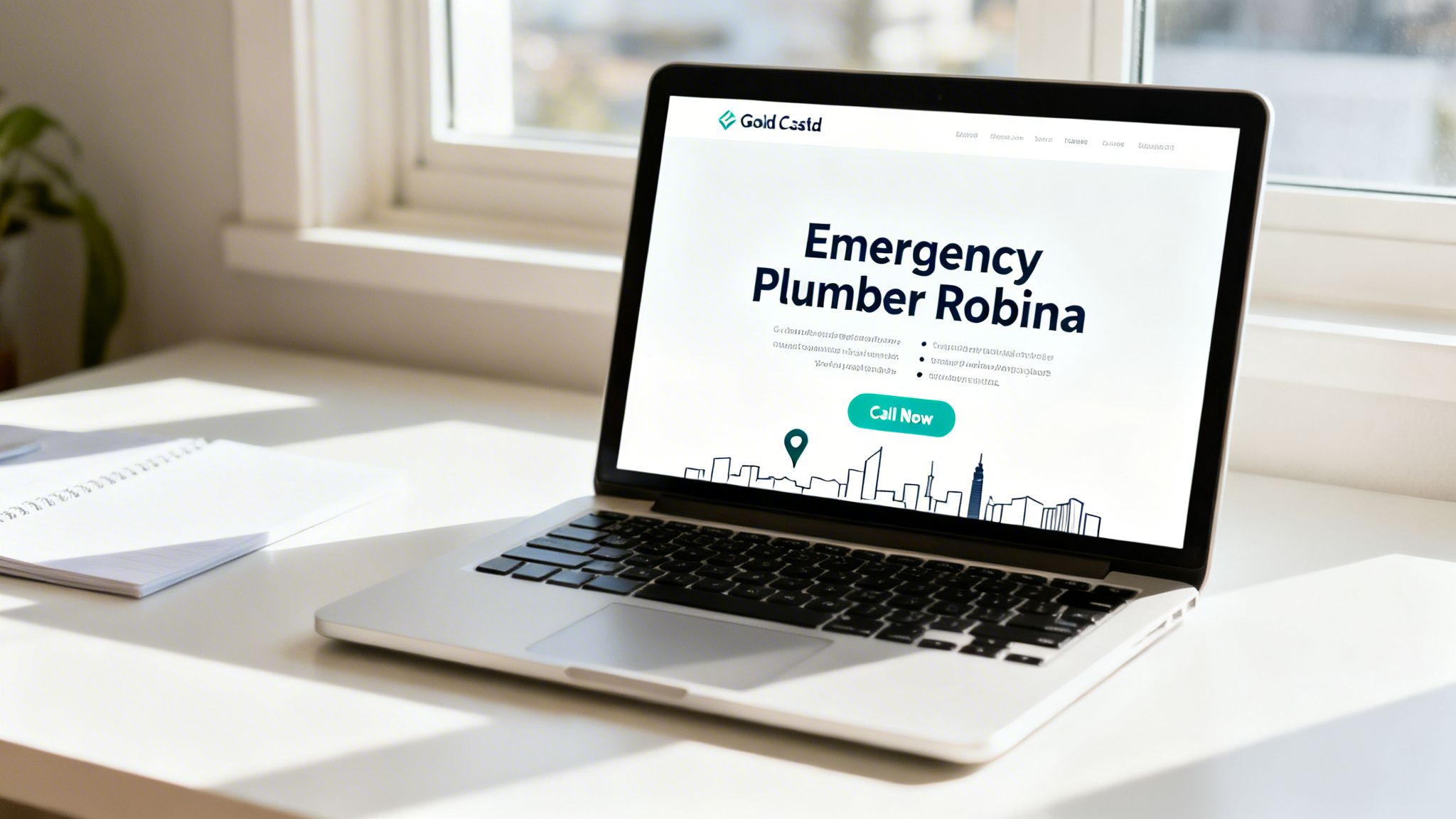 A laptop displays a Gold Csstld website for an emergency plumber in Robina on a white desk.