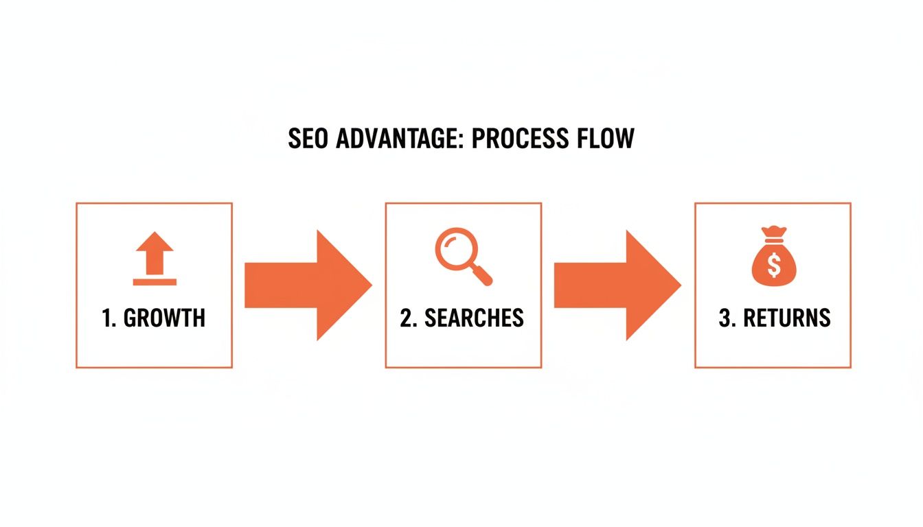 A flow diagram illustrating the SEO advantage: growth leads to searches, resulting in financial returns.