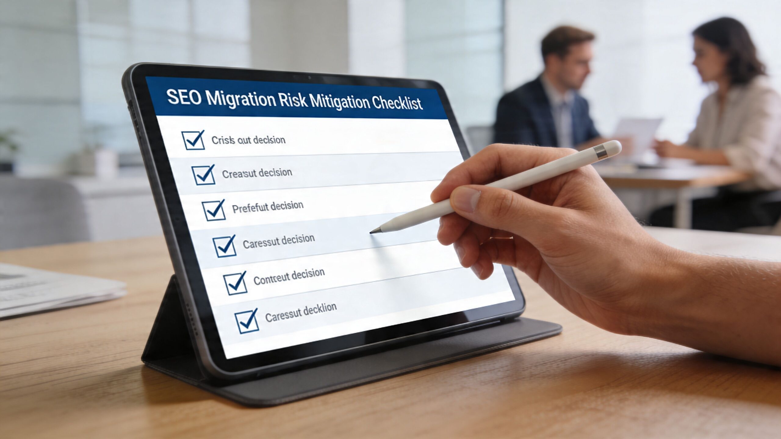A close-up view of a person using a stylus on a tablet showing an SEO migration checklist.