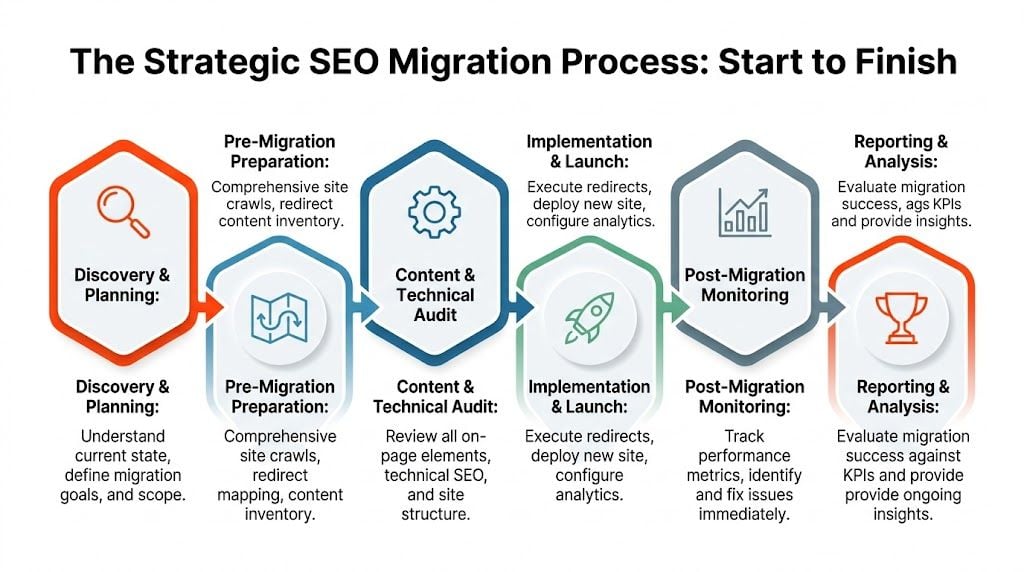 A flowchart diagram illustrating the strategic SEO migration process from discovery and planning to final reporting and analysis.
