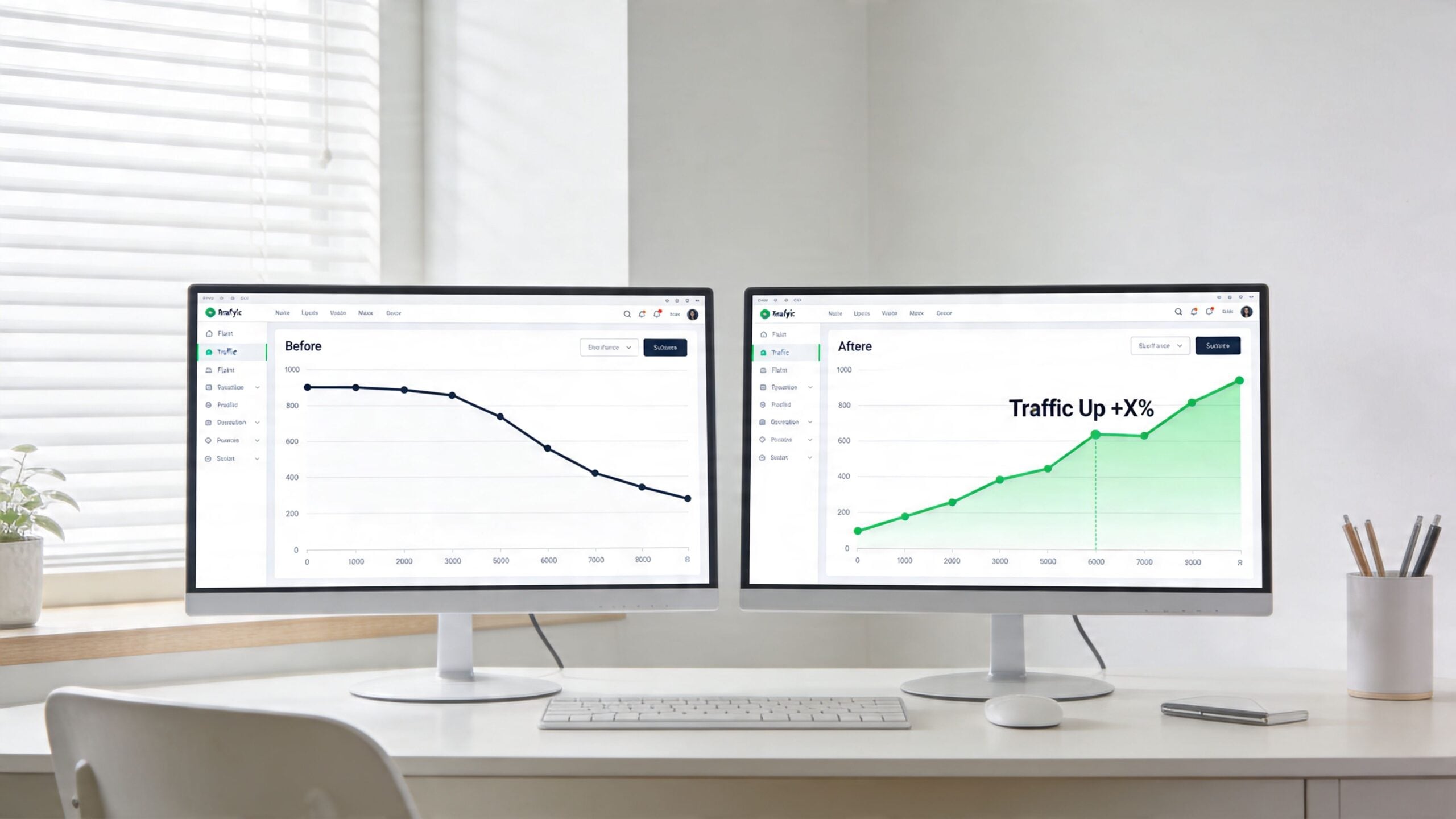 Two computer monitors side-by-side displaying charts comparing traffic metrics before and after an SEO migration service implementation.