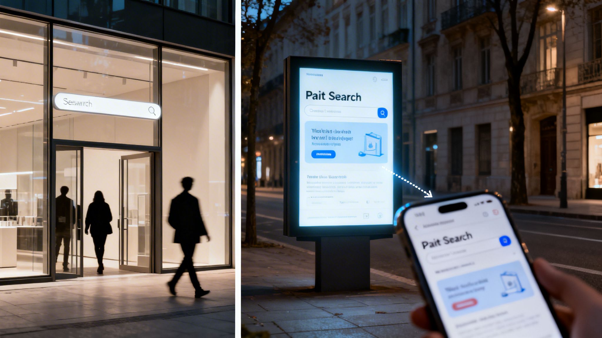A modern storefront with a 'Search' sign and a street billboard displaying 'Pait Search', linked to a smartphone.