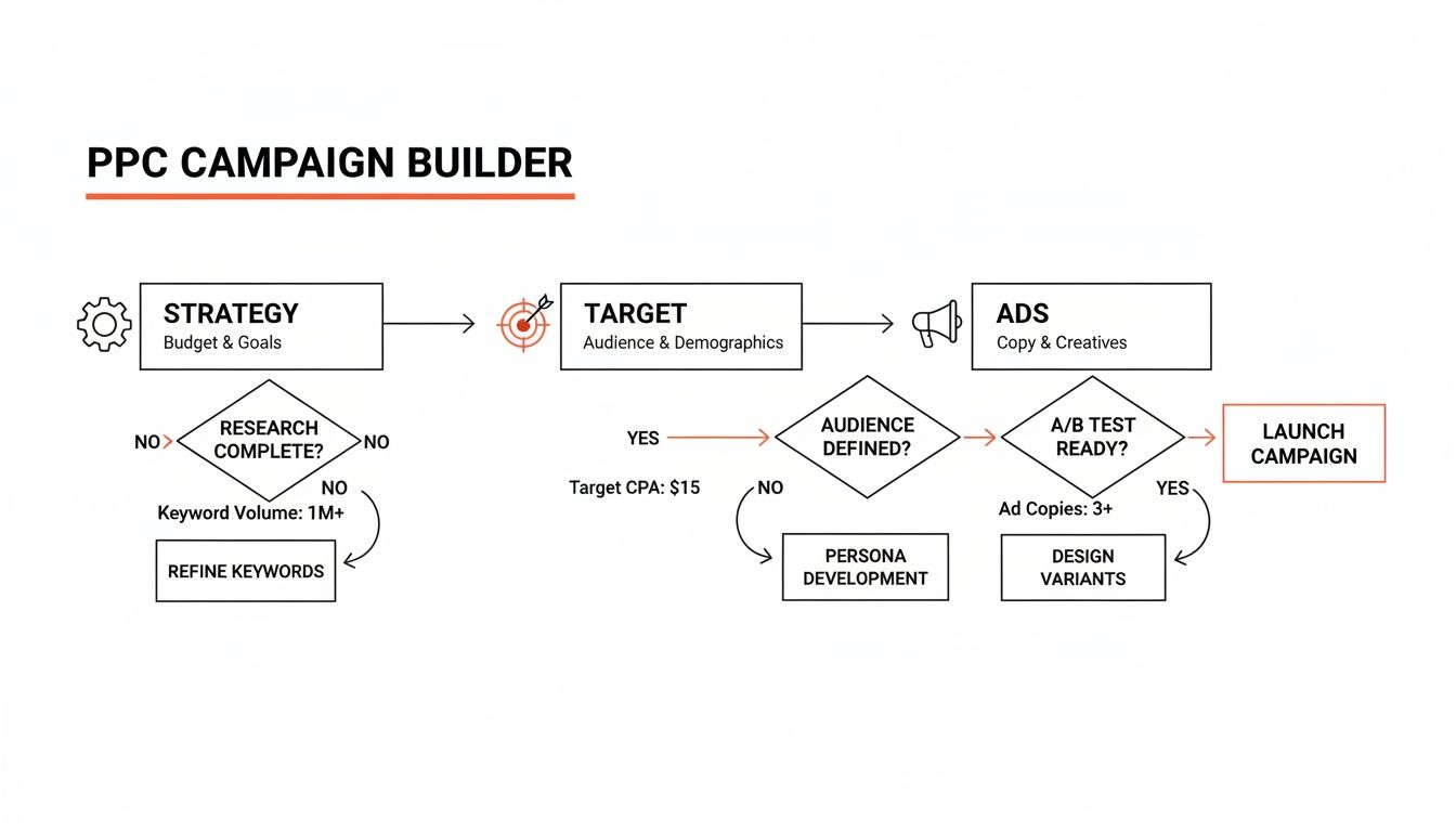 Flowchart illustrating the PPC campaign builder process, covering strategy, targeting, ads, and launch.