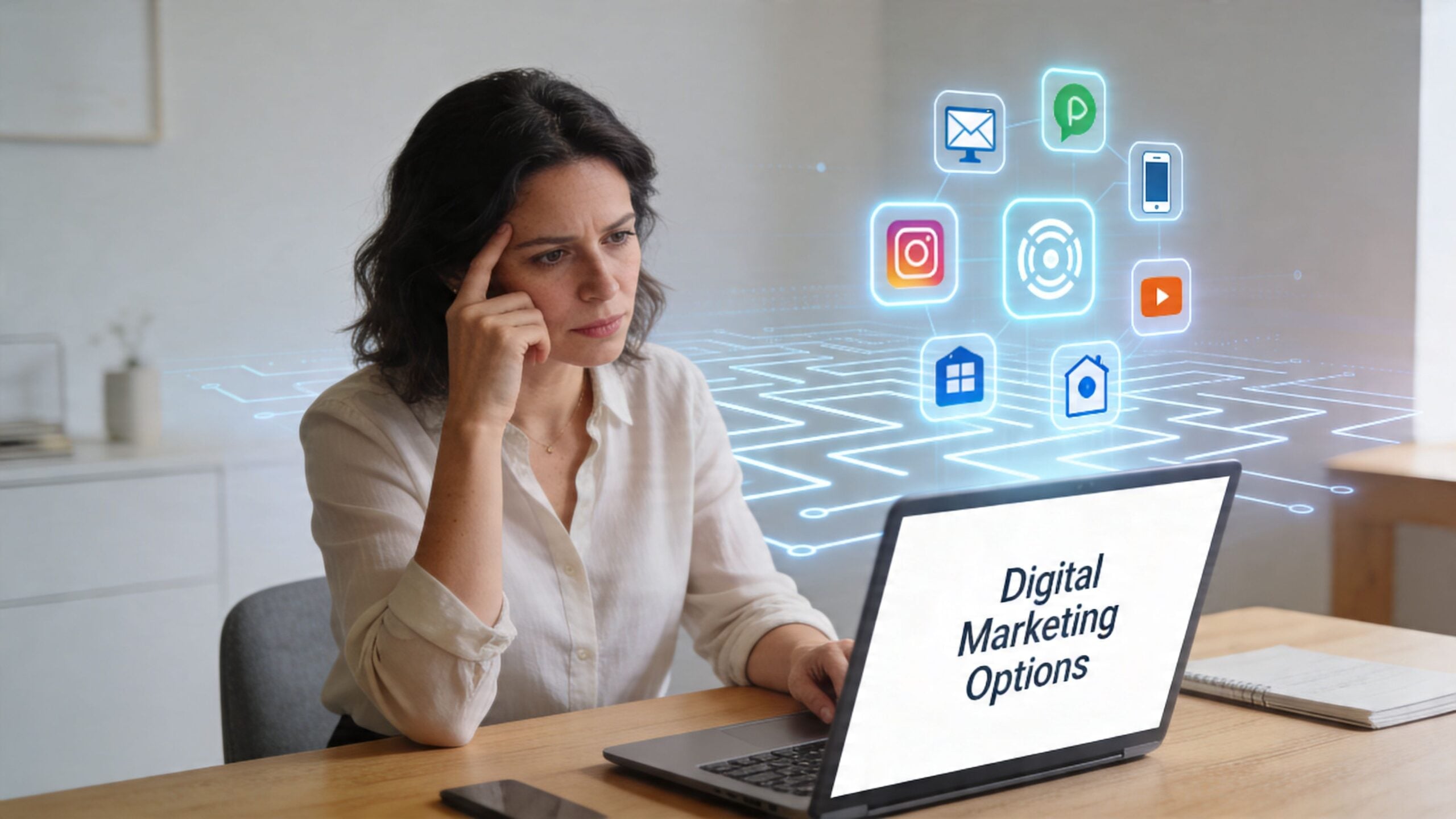 A businesswoman looking thoughtfully at a laptop screen displaying digital marketing options and holographic social media icons.