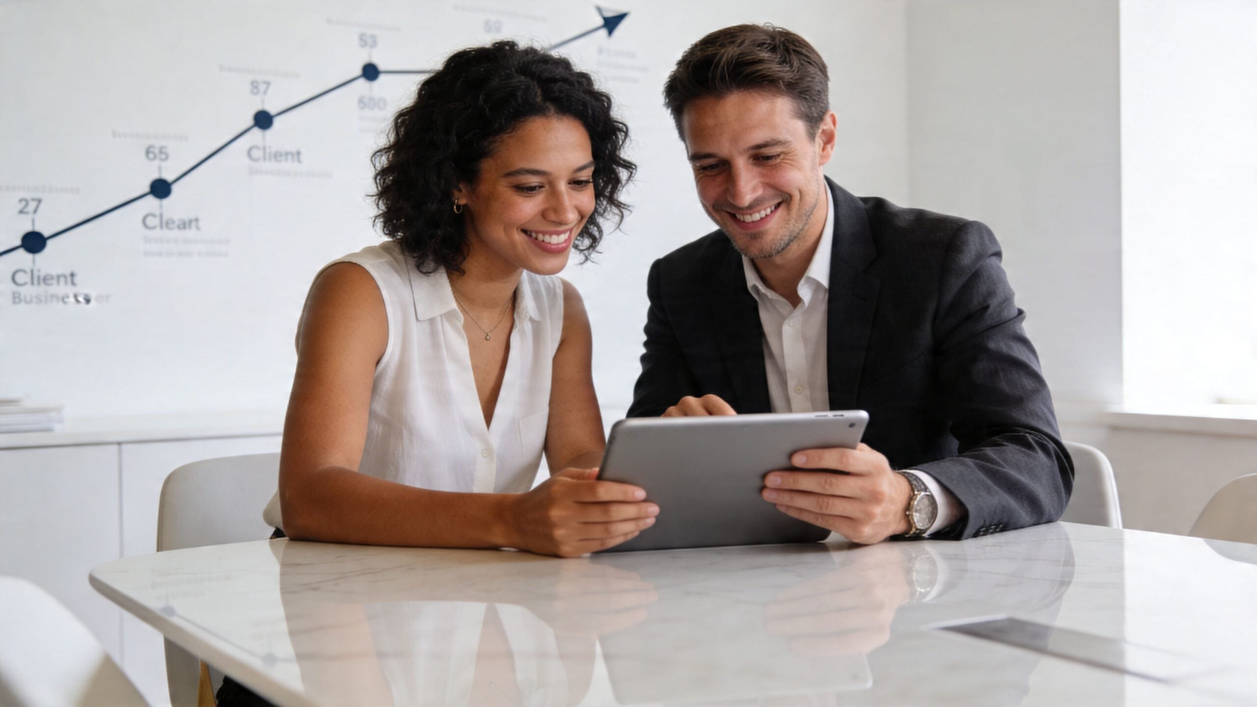 A professional man and woman smiling while collaborating on a tablet in a modern office space.
