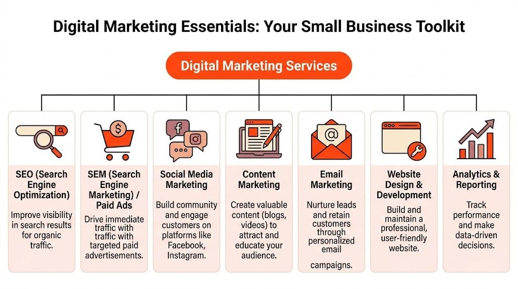 An infographic titled Digital Marketing Essentials showcasing seven key services for small business growth and success.