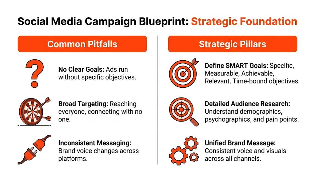 A social media campaign blueprint infographic comparing common marketing pitfalls against key strategic pillars for success.