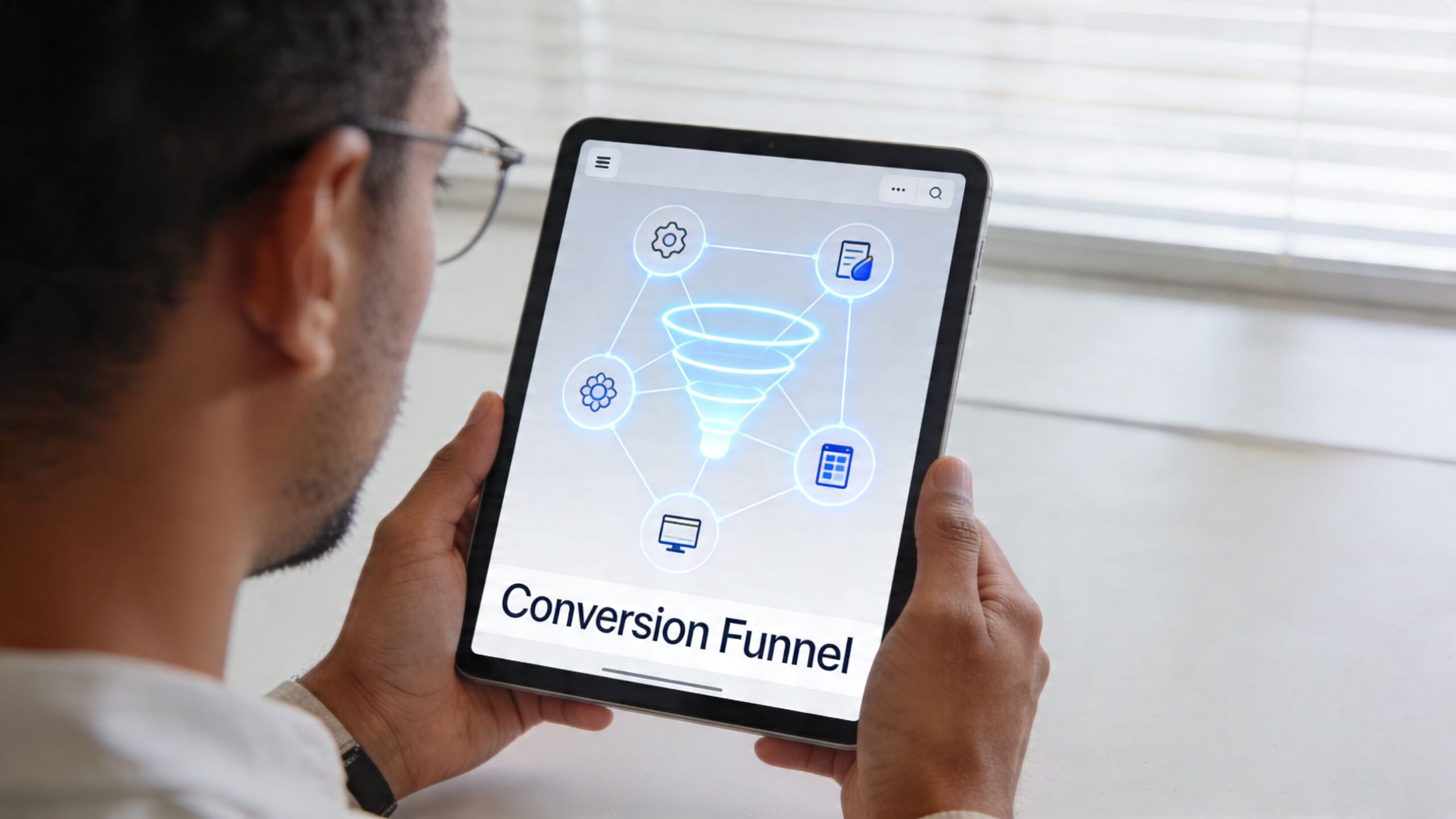 A person holding a digital tablet displaying a conversion funnel graphic for business marketing and analysis strategies.