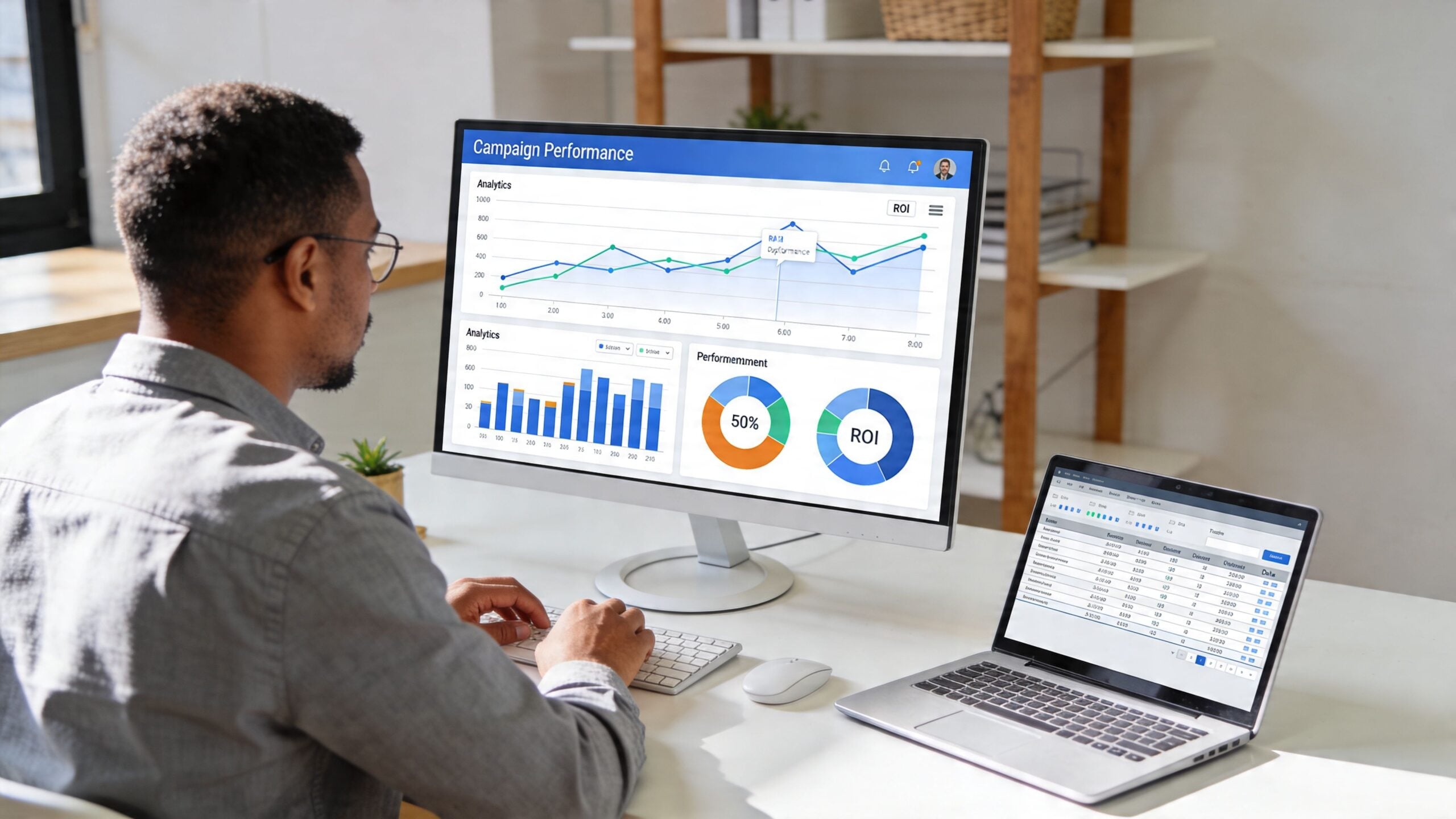 A professional analyzing social media advertising campaign performance data on a computer screen in a bright office.