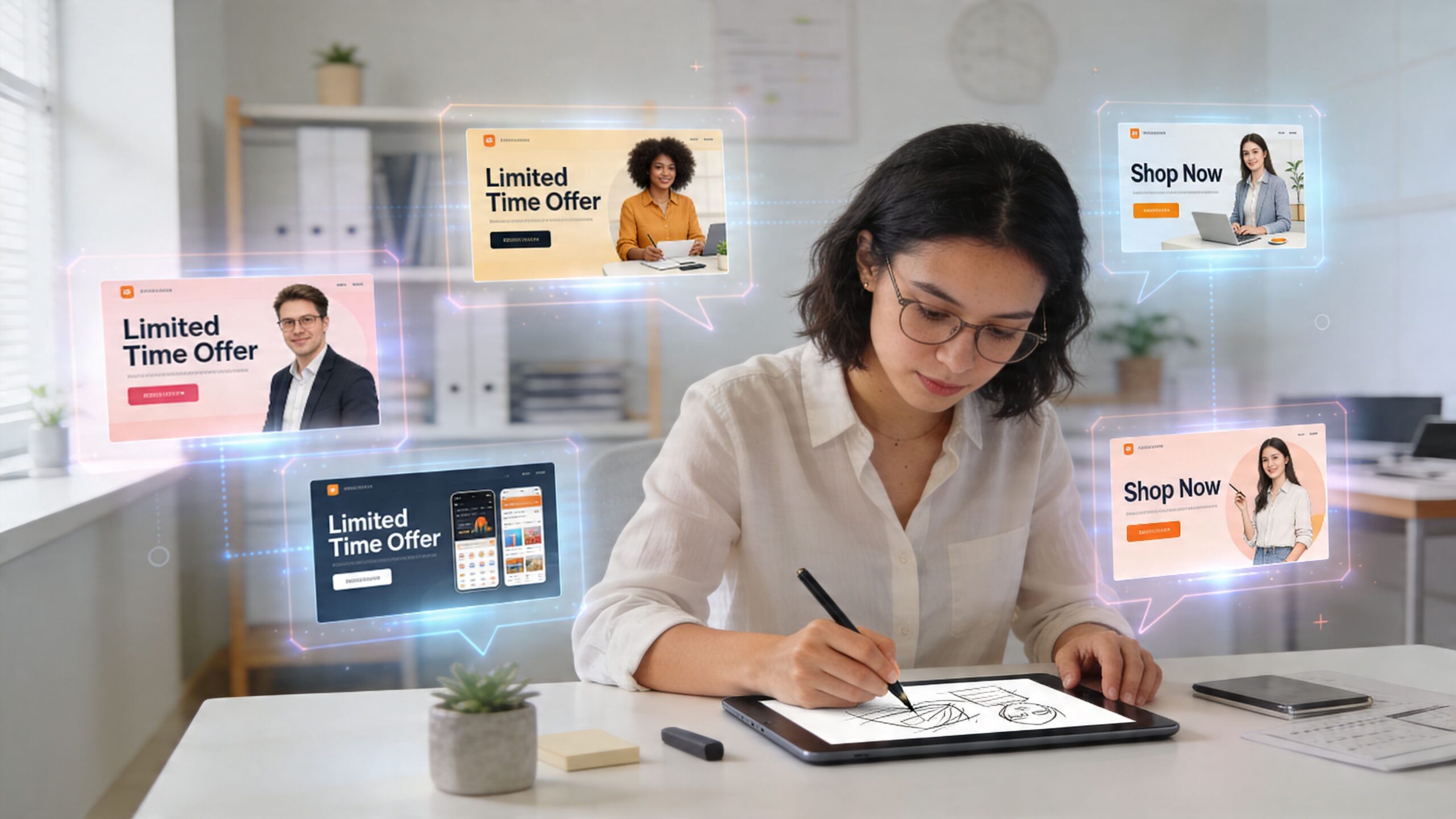 A creative professional sketching website ad designs on a digital tablet with floating marketing interface pop-ups.