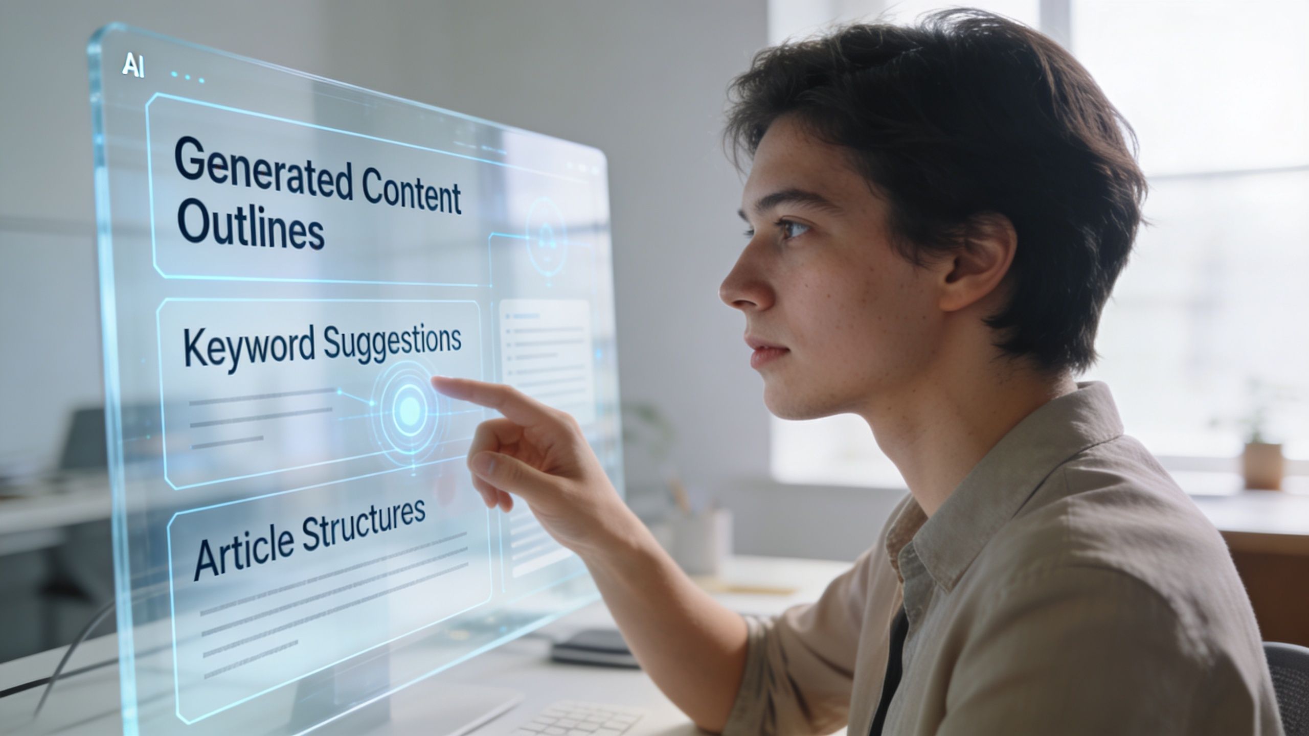 A young man interacting with a futuristic holographic digital display showing SEO and content generation tools.