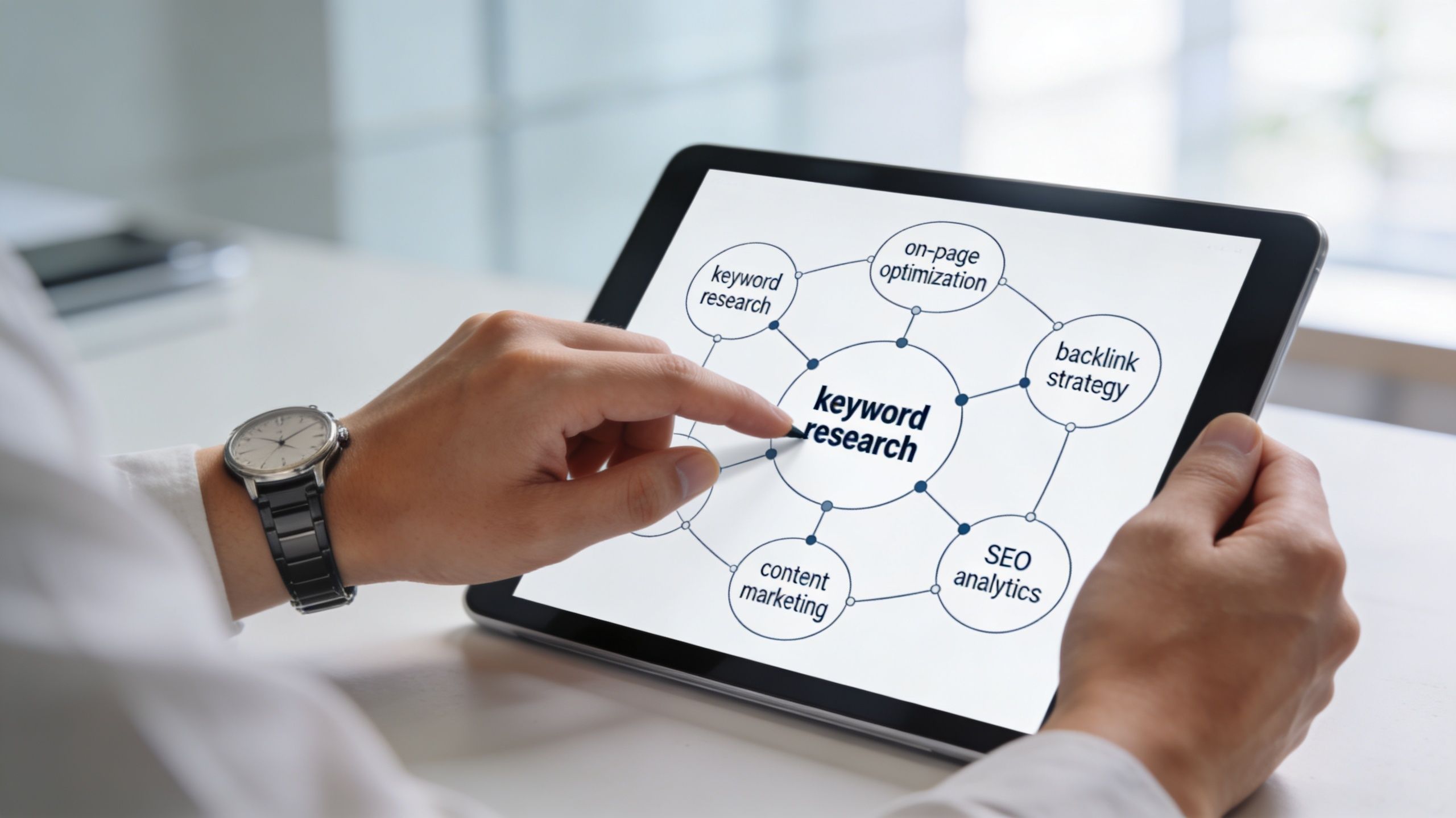 A person using a digital tablet to display an SEO strategy diagram with keyword research at center.