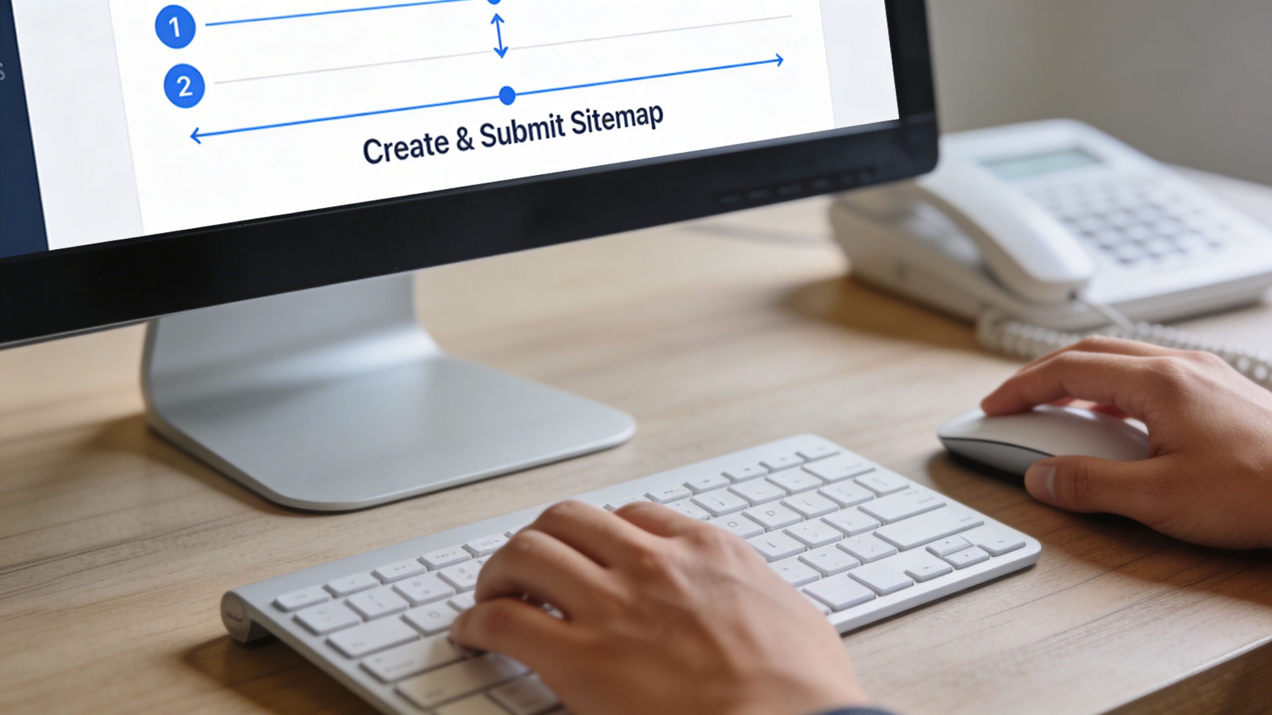 A person working at a computer desk viewing a digital guide about creating and submitting a sitemap.