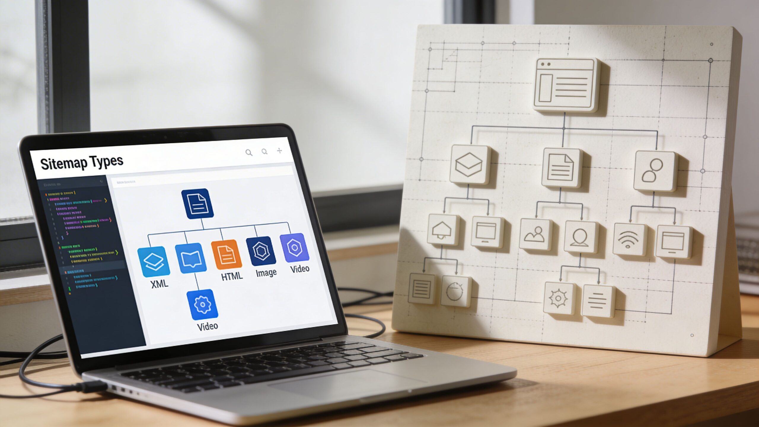 A laptop displaying sitemap types on its screen next to a physical sitemap diagram on a board.