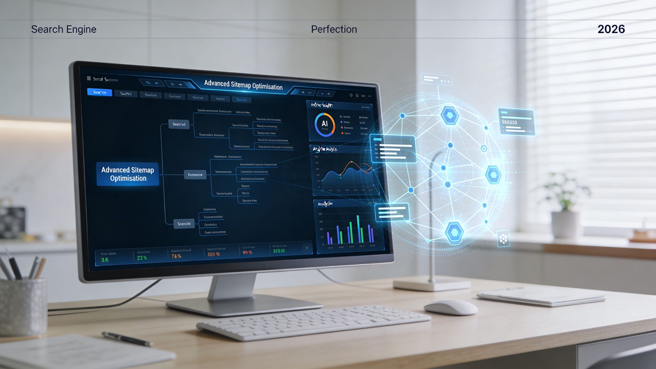 A modern computer display showing a complex AI-powered advanced sitemap optimization dashboard in a bright, minimalist office.