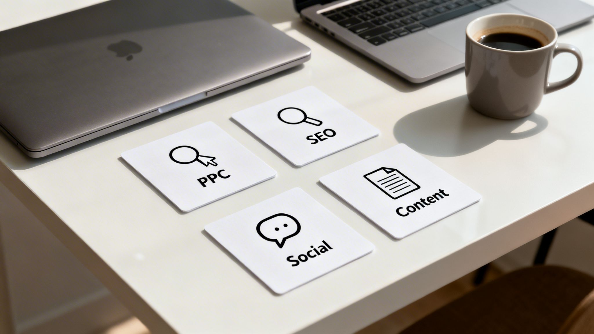 Overhead view of a desk with cards representing PPC, SEO, Content, Social marketing strategies, two laptops, and a coffee mug.