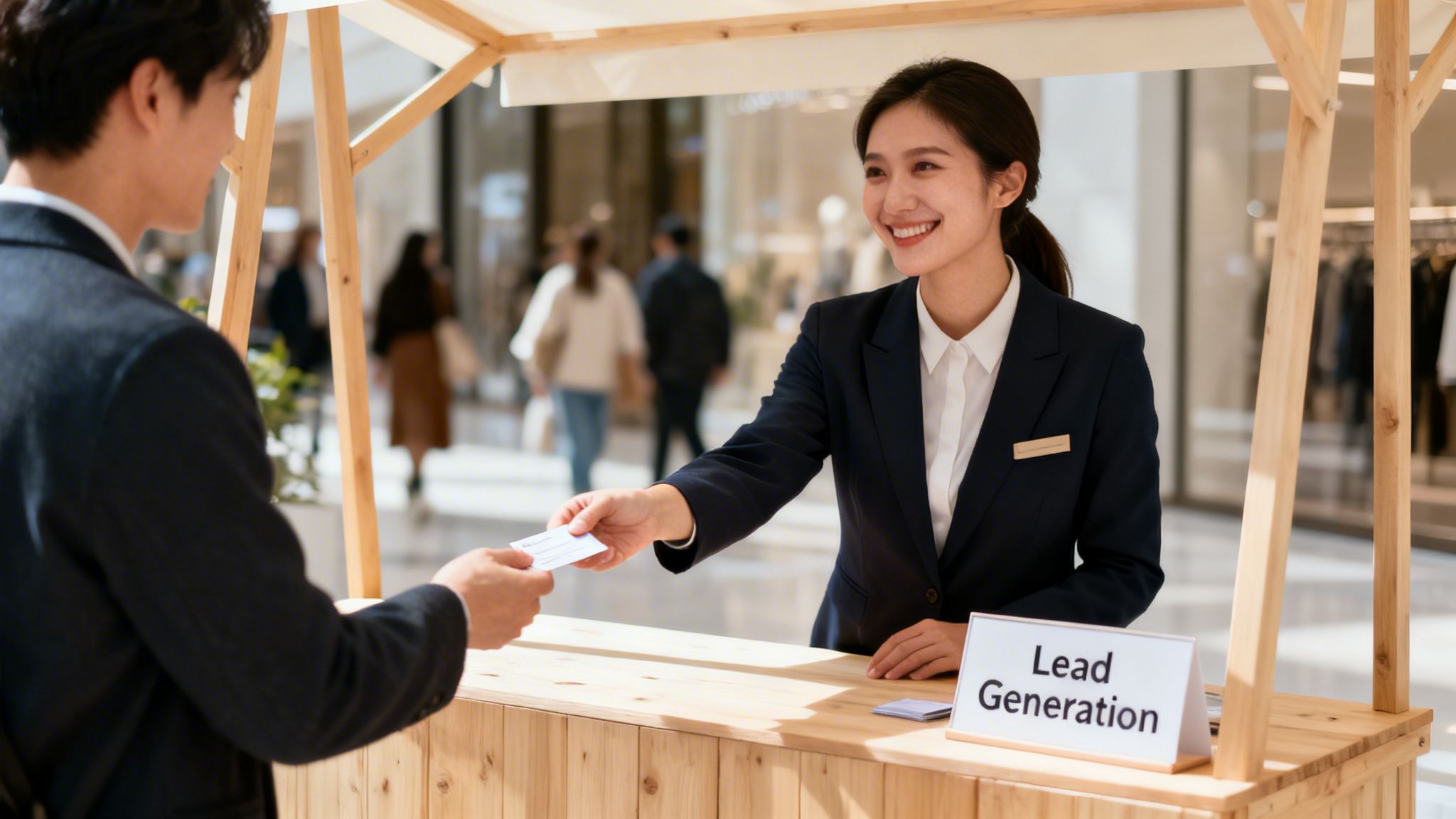 A cheerful woman hands a business card to a man at a wooden "Lead Generation" booth in a modern retail setting.