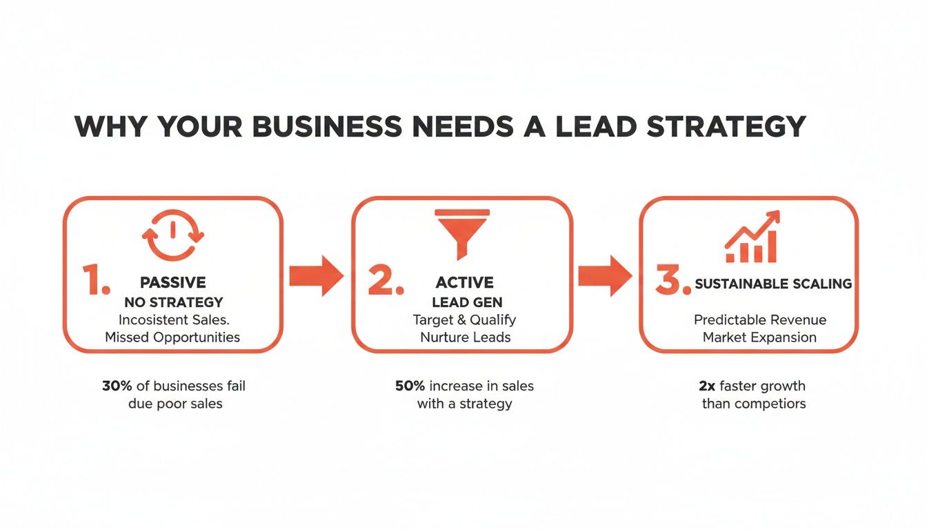 A diagram illustrating a three-step lead generation strategy for business growth and sustainable scaling.