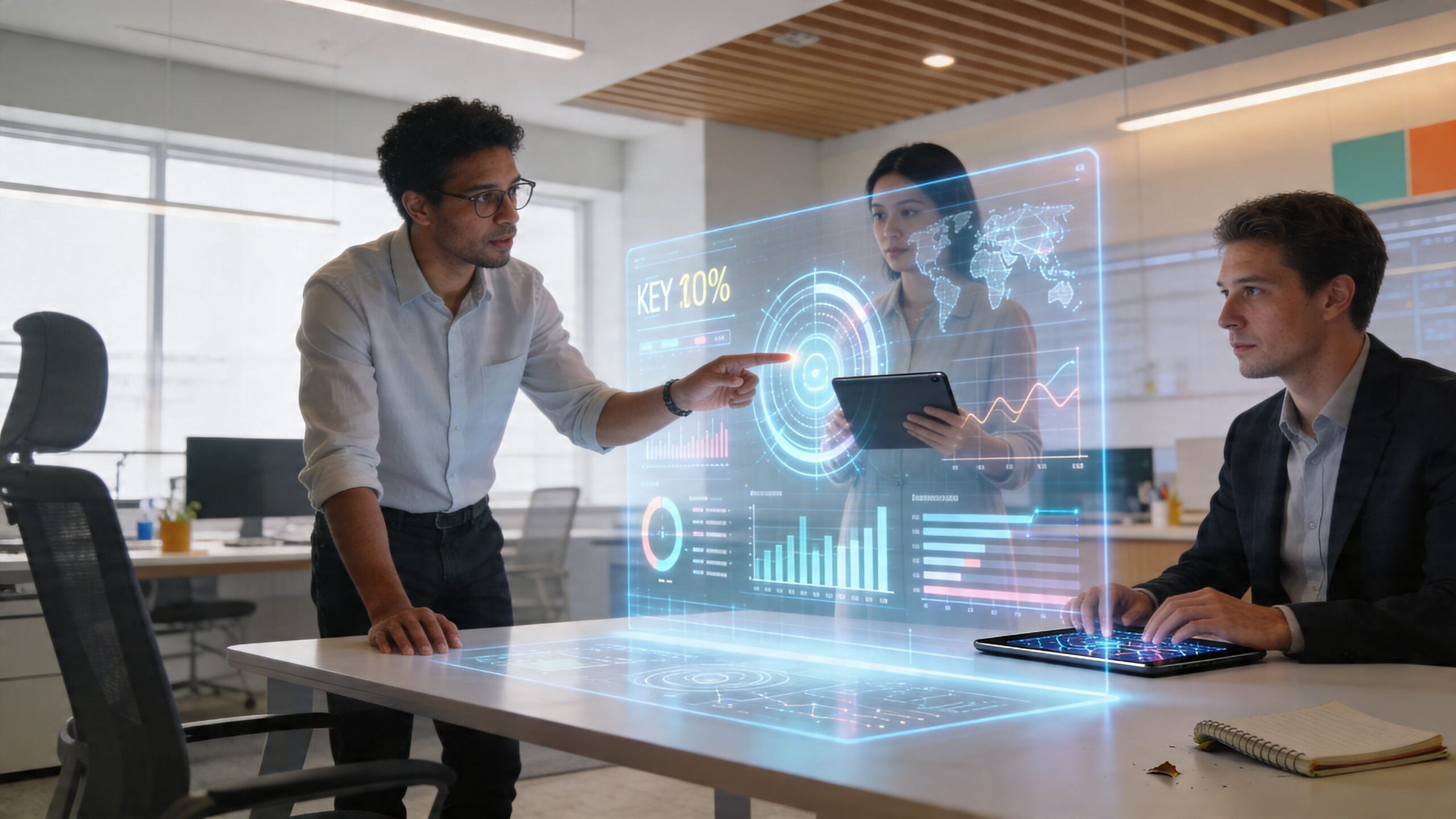 A professional team collaborating on business data using advanced holographic projections in a modern office environment.