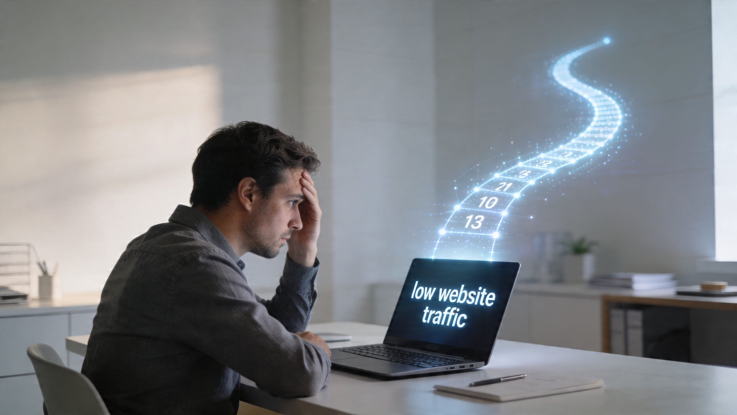A frustrated man looking at a laptop screen displaying the text low website traffic with digital data.