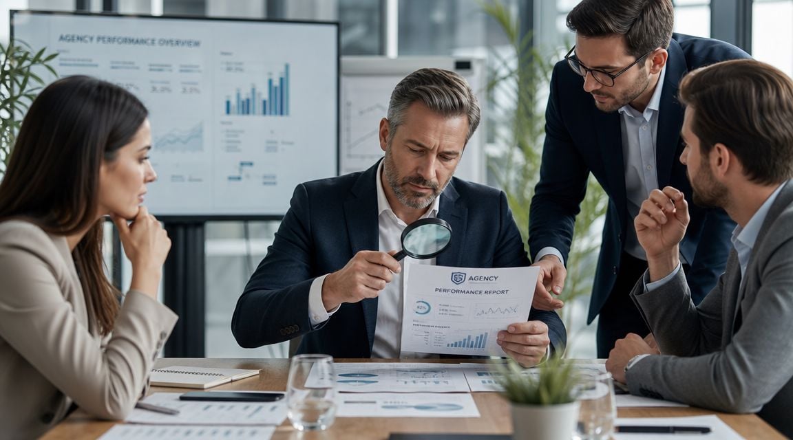 A professional team of business people analyzing an agency performance report in a modern office meeting room.