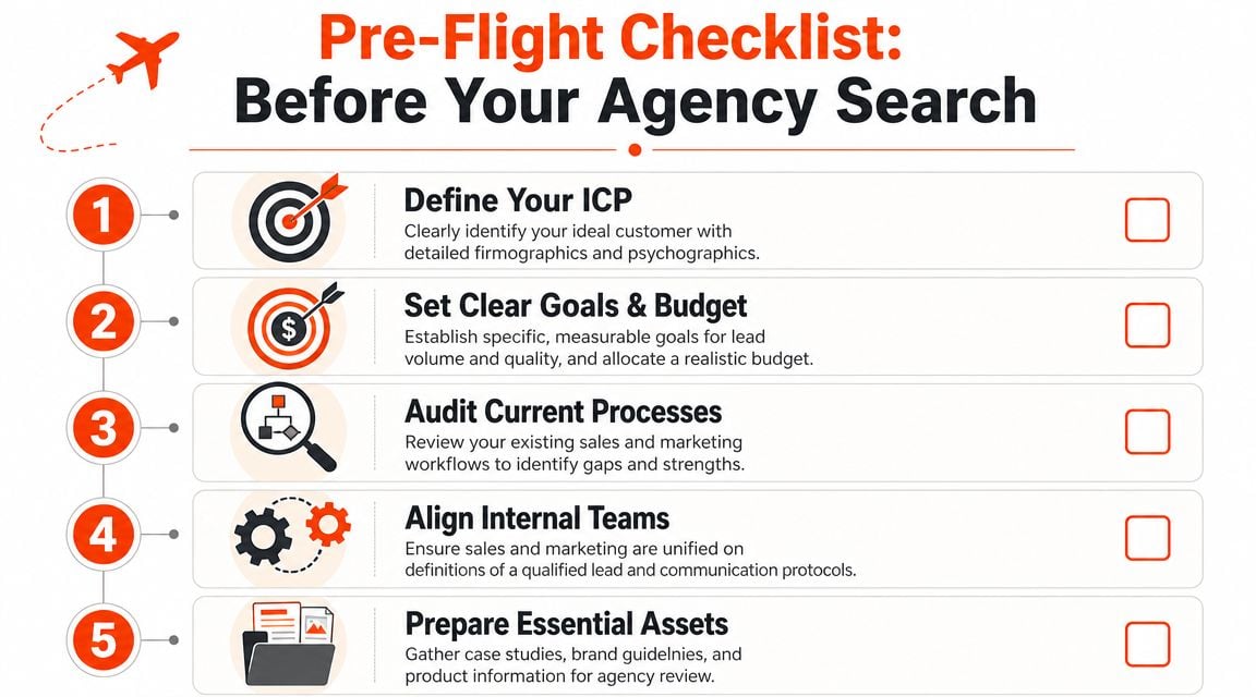 A five-step pre-flight checklist for businesses preparing to search for a lead generation agency.