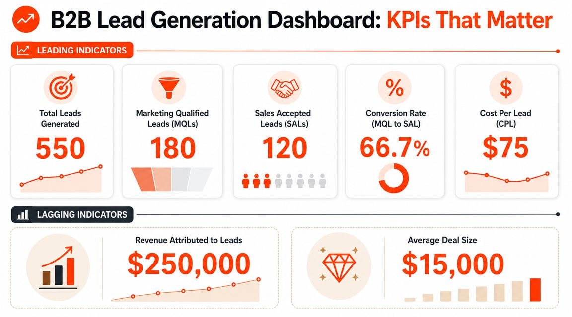 A B2B lead generation dashboard displaying key performance indicators for marketing and sales funnel metrics.