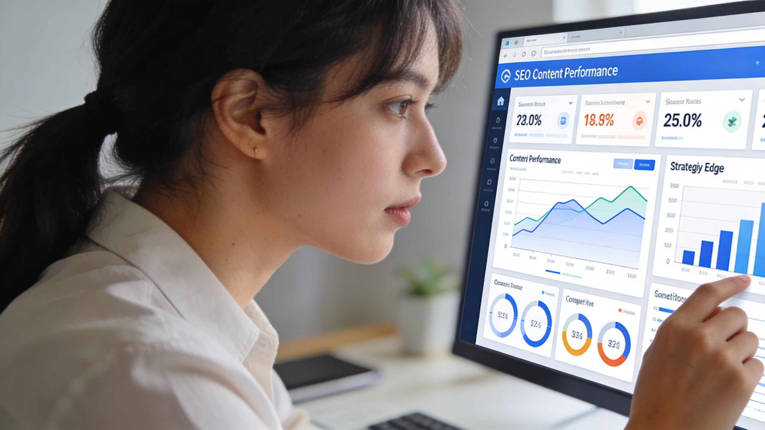 A young woman focused on a computer screen displaying an SEO content performance data analytics dashboard.