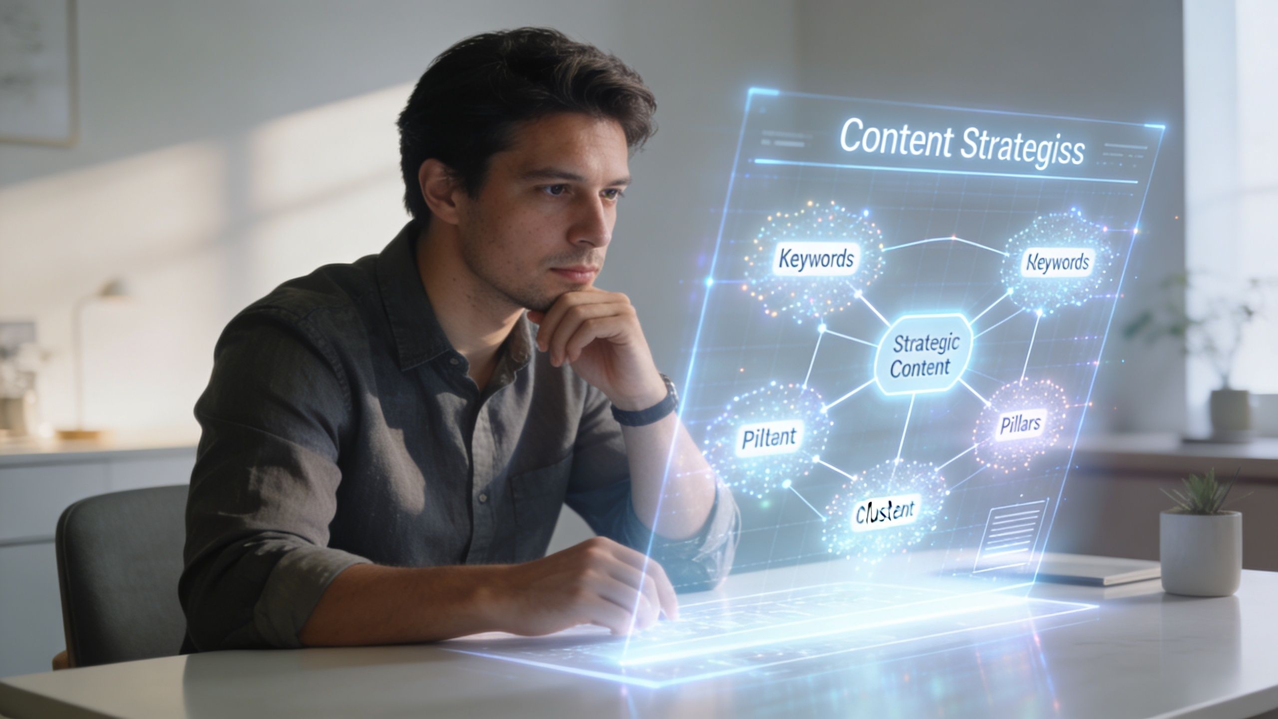 A professional man sits at a desk interacting with a glowing digital holographic content strategy interface.