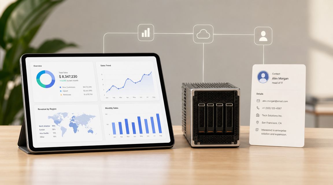 A tablet, server unit, and contact profile interface demonstrating data integration and cross-device business technology connectivity.