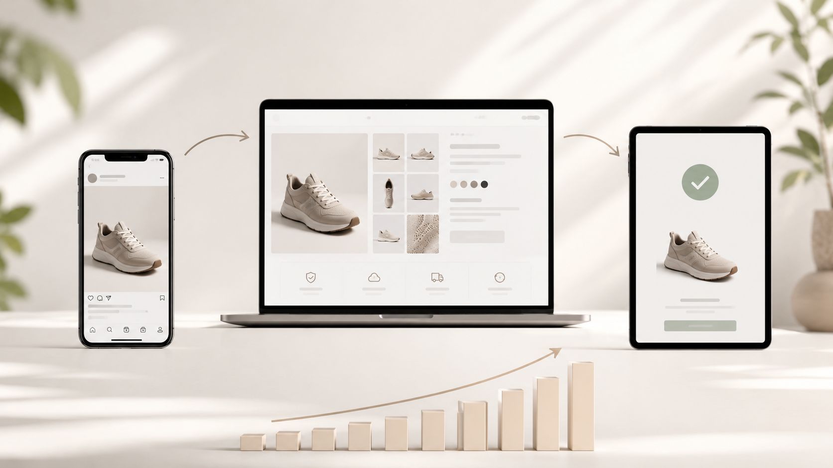 A smartphone, laptop, and tablet displaying a shoe store interface with a rising bar chart underneath.