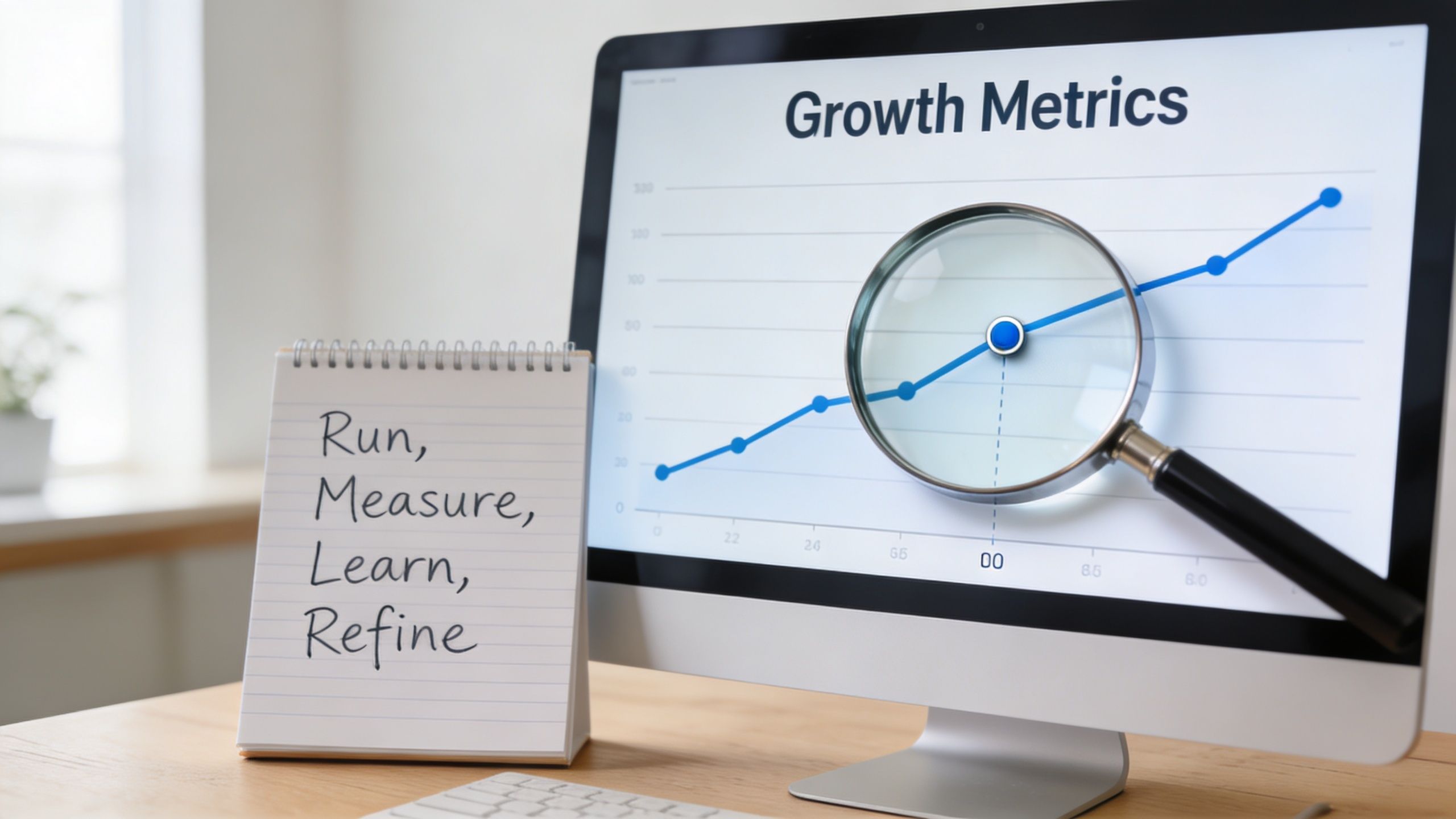 A magnifying glass focusing on a rising growth metrics graph displayed on a computer screen monitor.